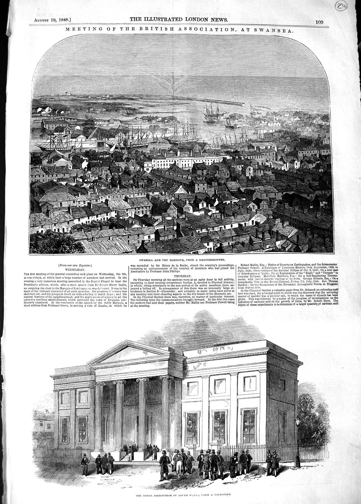 Original Old Antique Print 1848 Swansea Harbour Daguerrotype Royal Institution