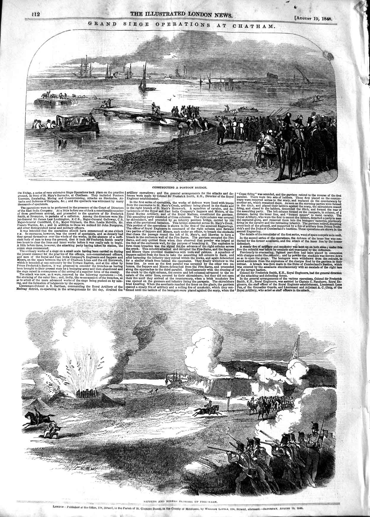 Original Old Antique Print 1848 Siege Operations Chatham Pontoon Bridge Sappers