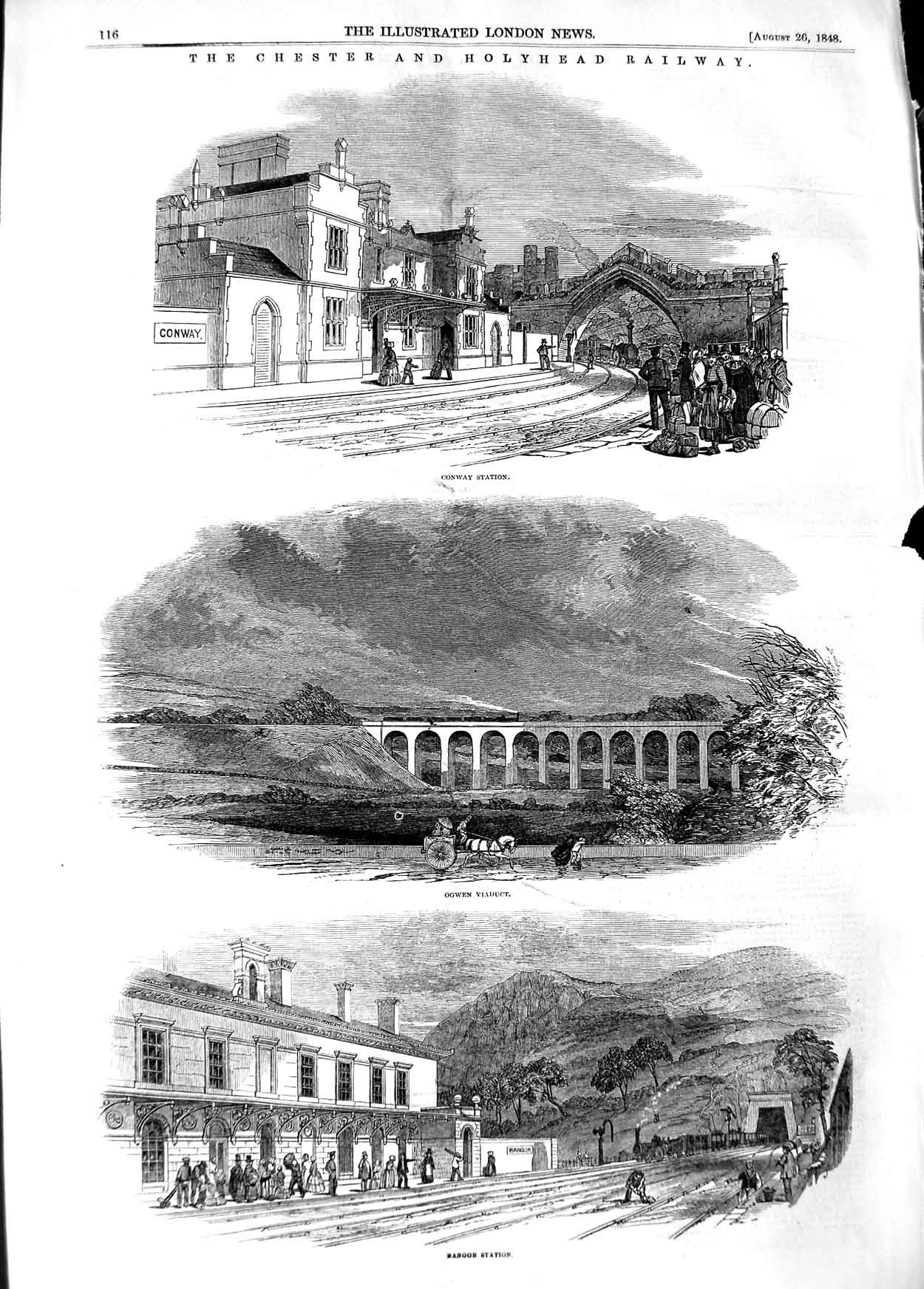 Original Old Antique Print 1848 Chester Hollyhead Railway Conway Bangor Station