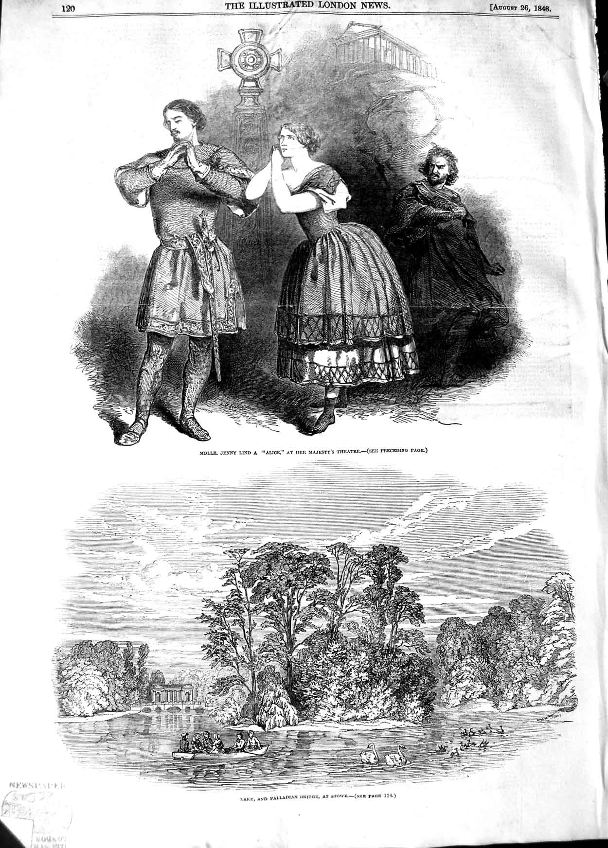 Old Antique Print 1848 Jenny Lind Alice Majesty Theatre Palladian Bridge 19th