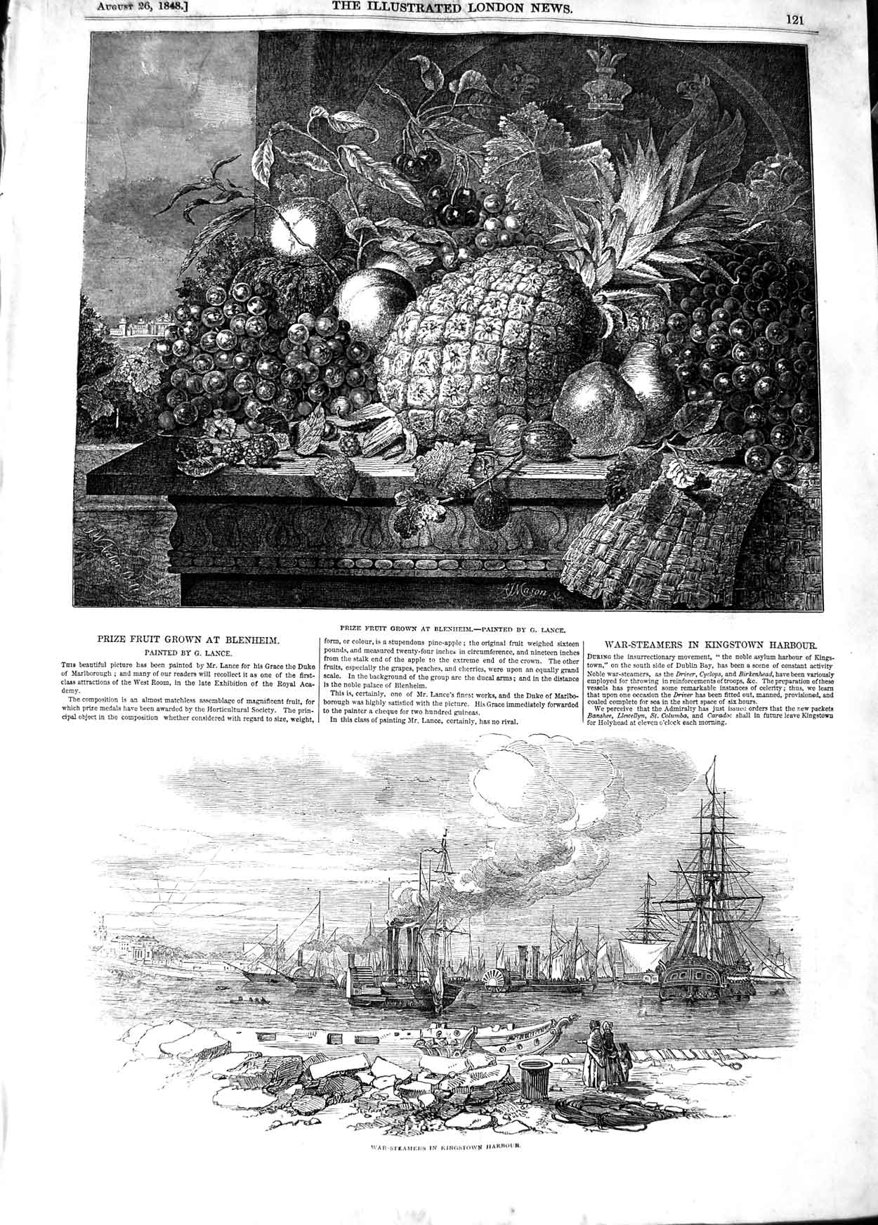 Old Antique Print 1848 Prize Fruit Blenheim War Steamers Ships Kingstown 19th