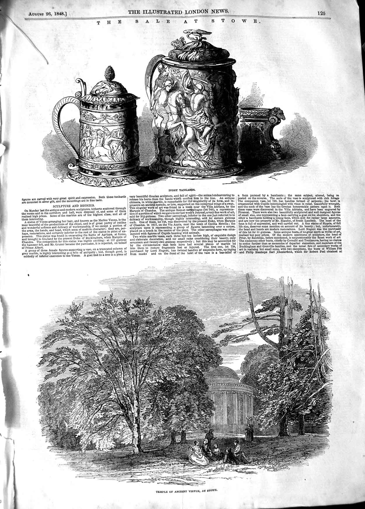 Original Old Antique Print 1848 Sale Stowe Ivory Tankards Temple S Vase 19th