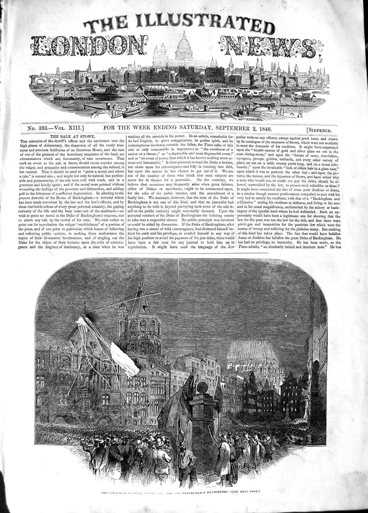Original Old Antique Print 1848 Cathedral Festival Cologne Market Illuminations