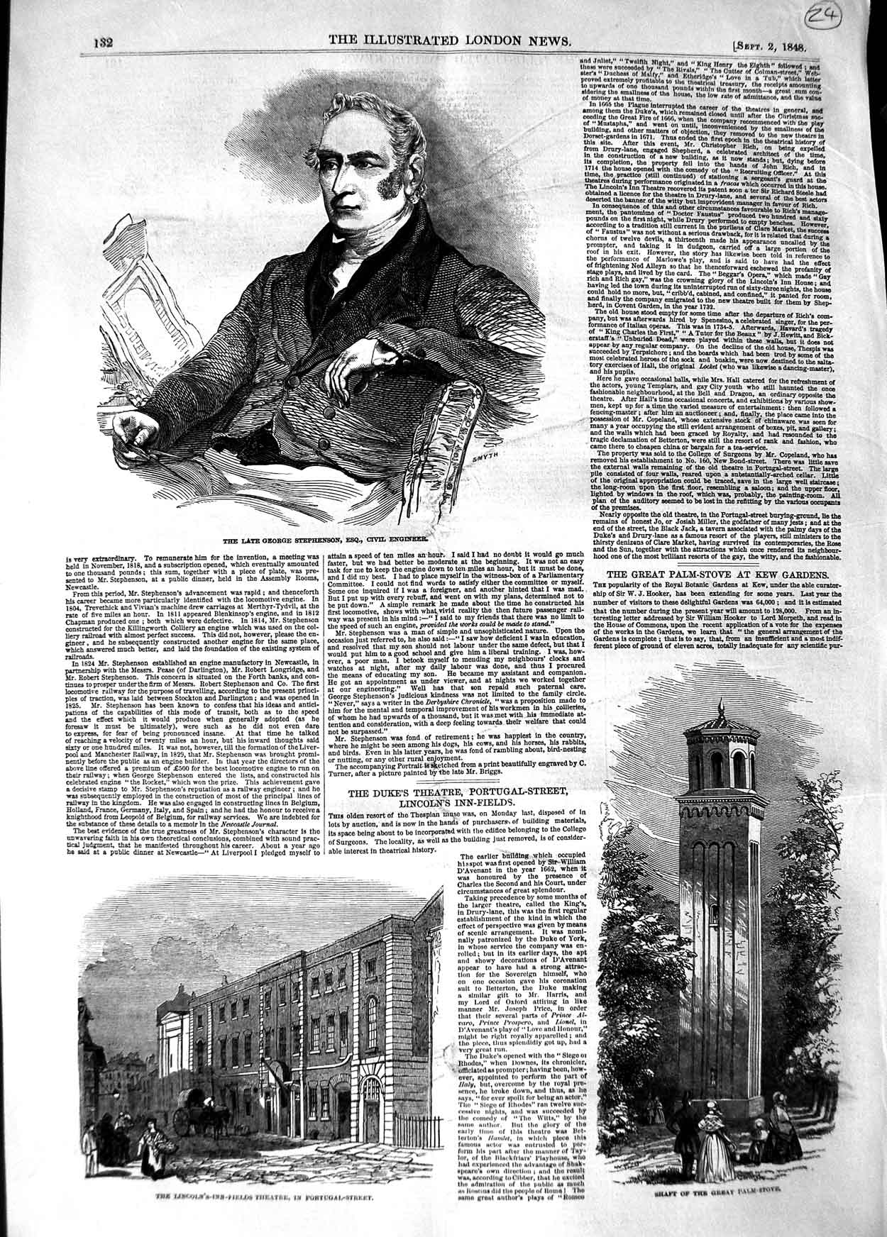 Original Old Antique Print 1848 George Stephenson Engineer Theatre Palm-Stove