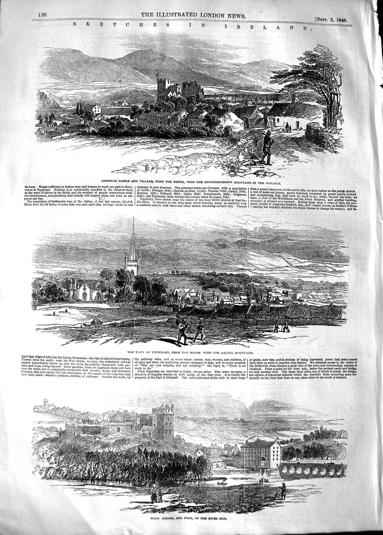 Original Old Antique Print 1848 Ireland Ardfinan Castle Tipperary Riv Victorian