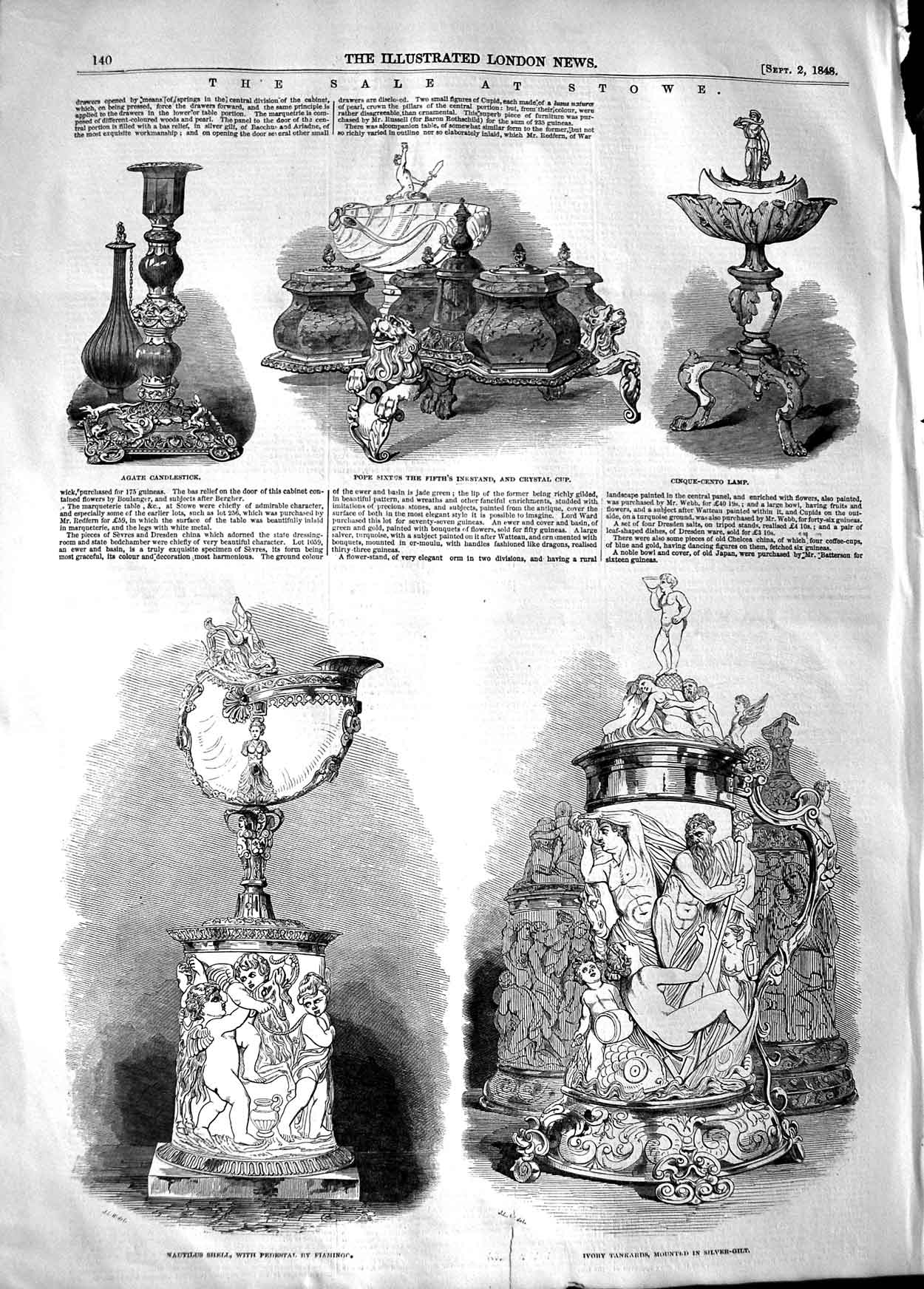 Original Old Antique Print 1848 Stowe S Candelstick Lamp Ivory Tankards 19th