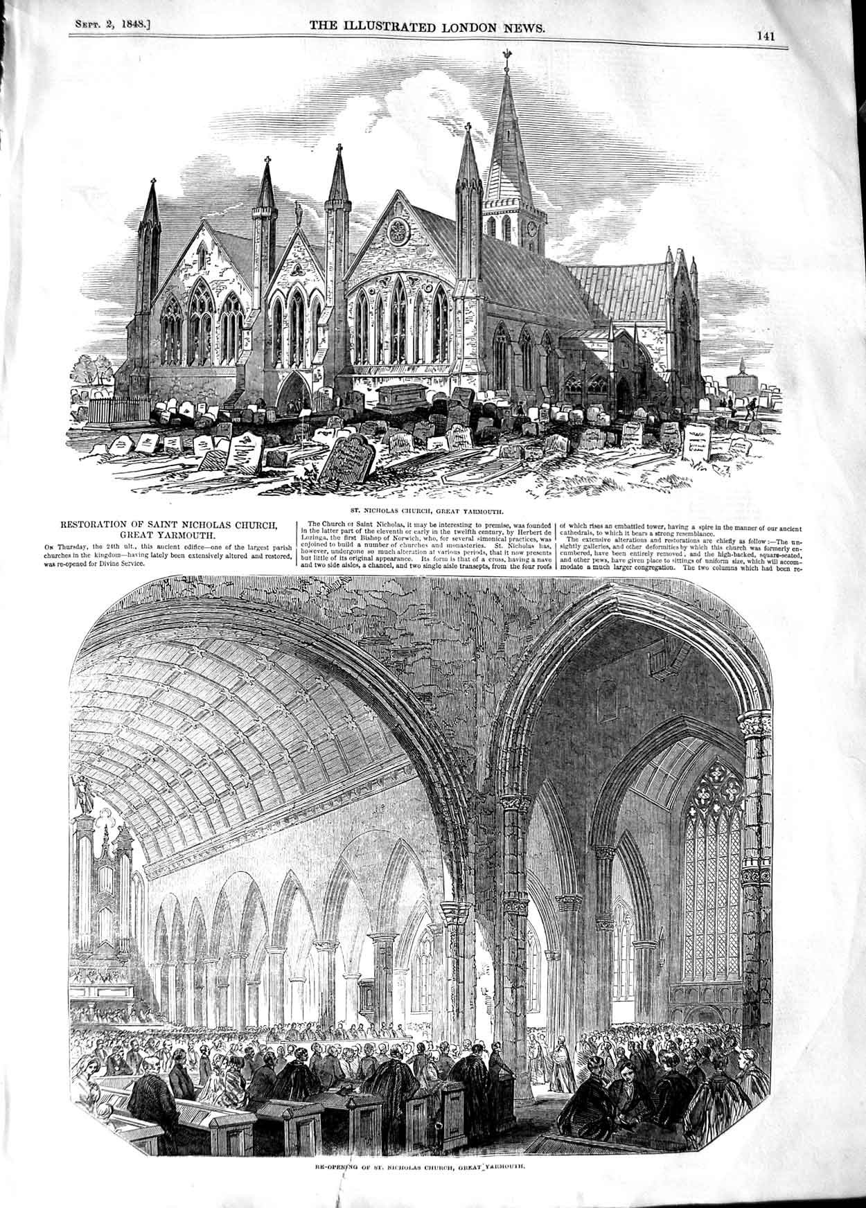Original Old Antique Print 1848 Restoration St. Nicholas Church Great Yarmouth