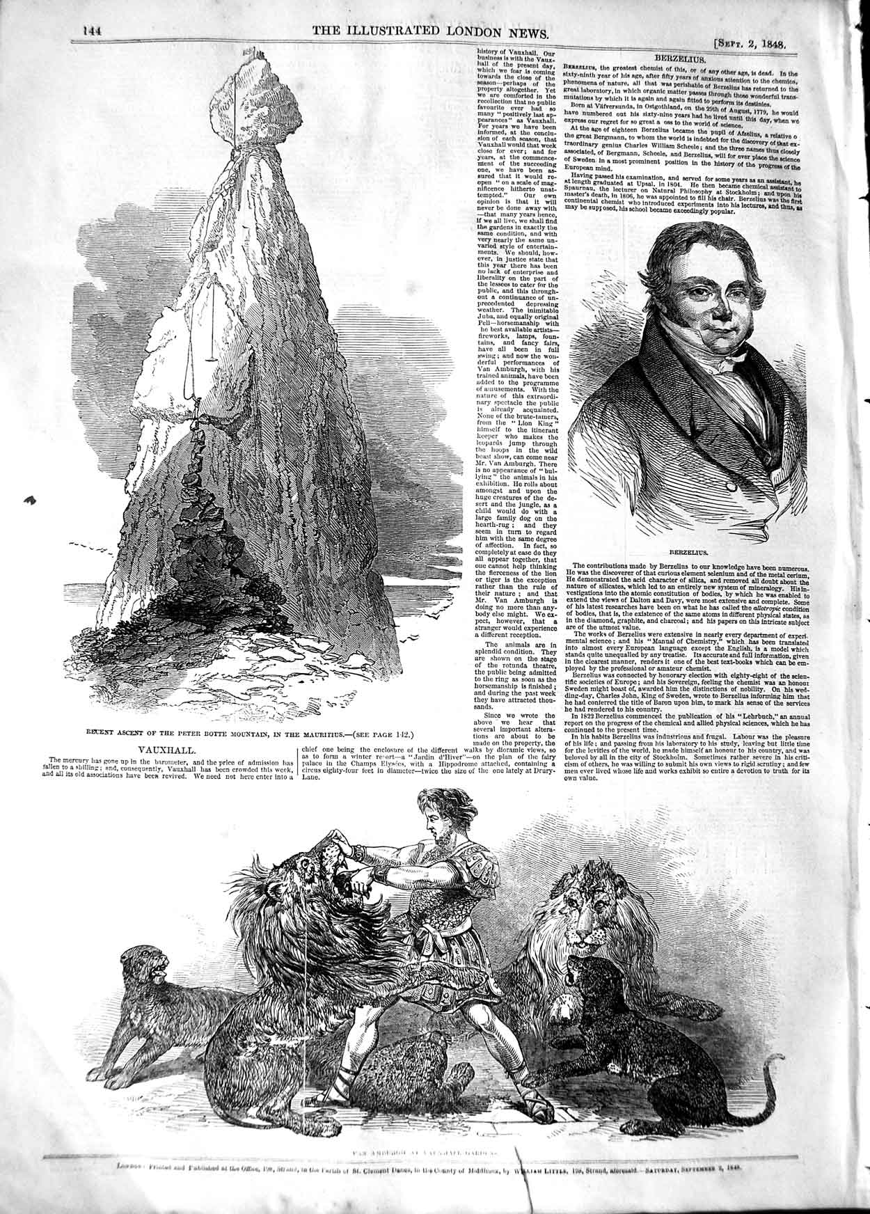 Original Old Antique Print 1848 Peter Botte Mountain Mauritius Amburgh Be 19th