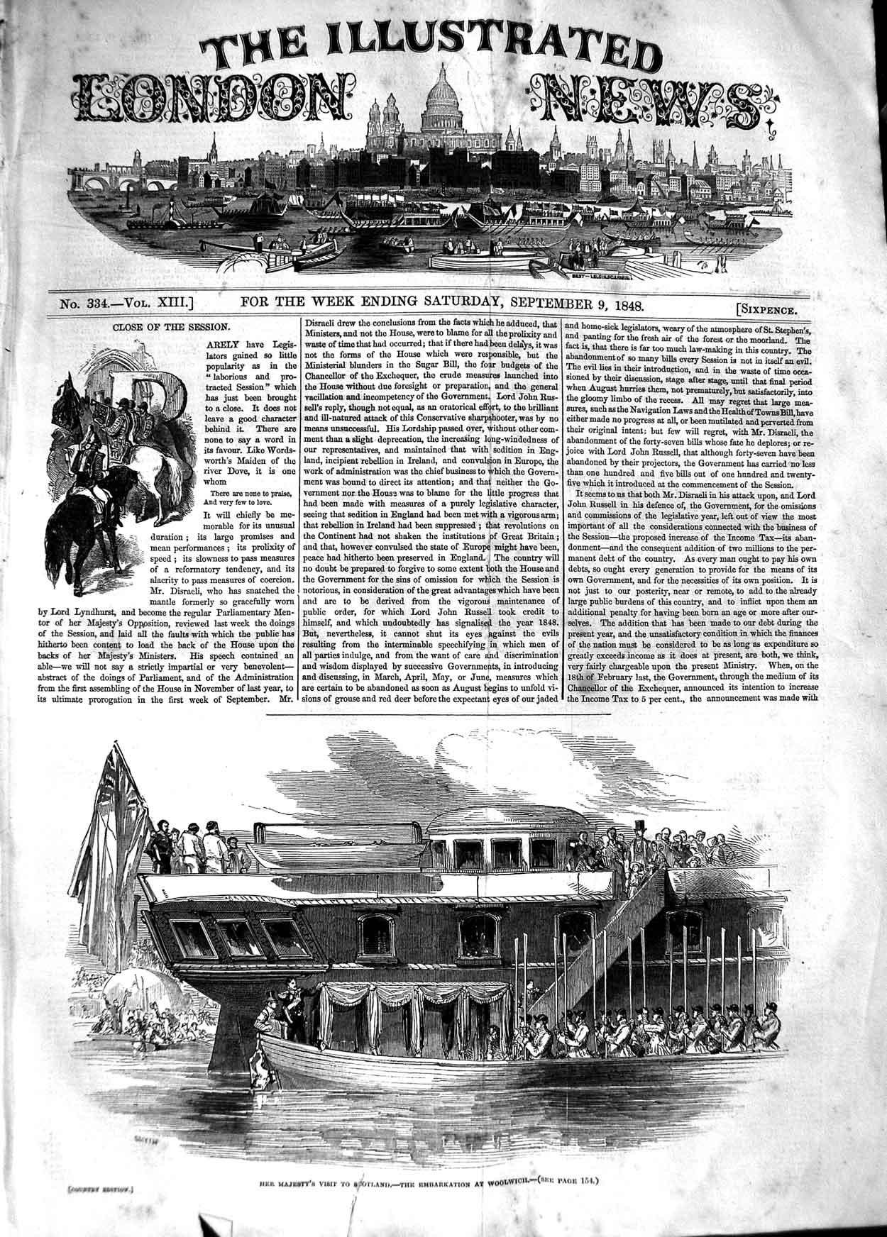Original Old Antique Print 1848 Queen Scotland Embarkation Woolwich Boat 19th