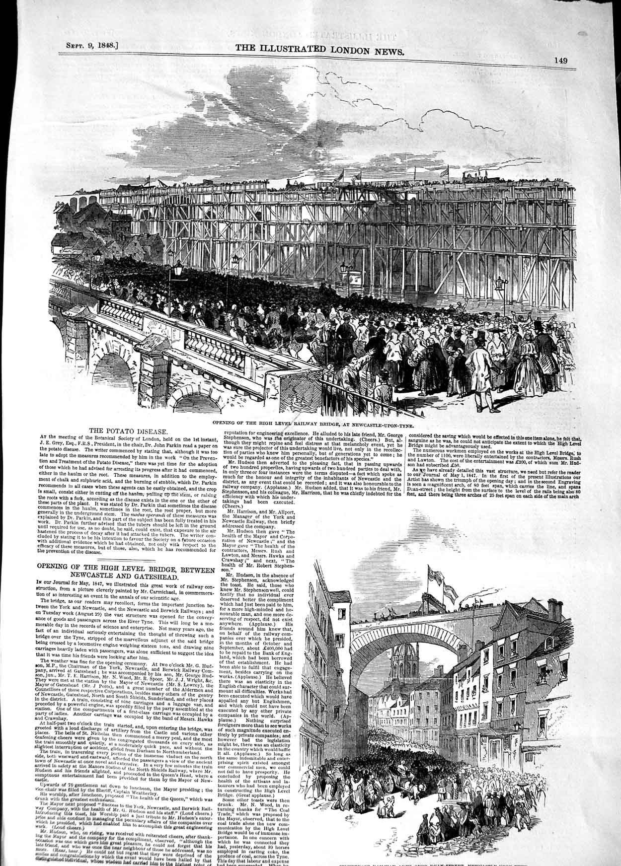 Original Old Antique Print 1848 High Level Railway Bridge Newcastle-Upon-Tyne