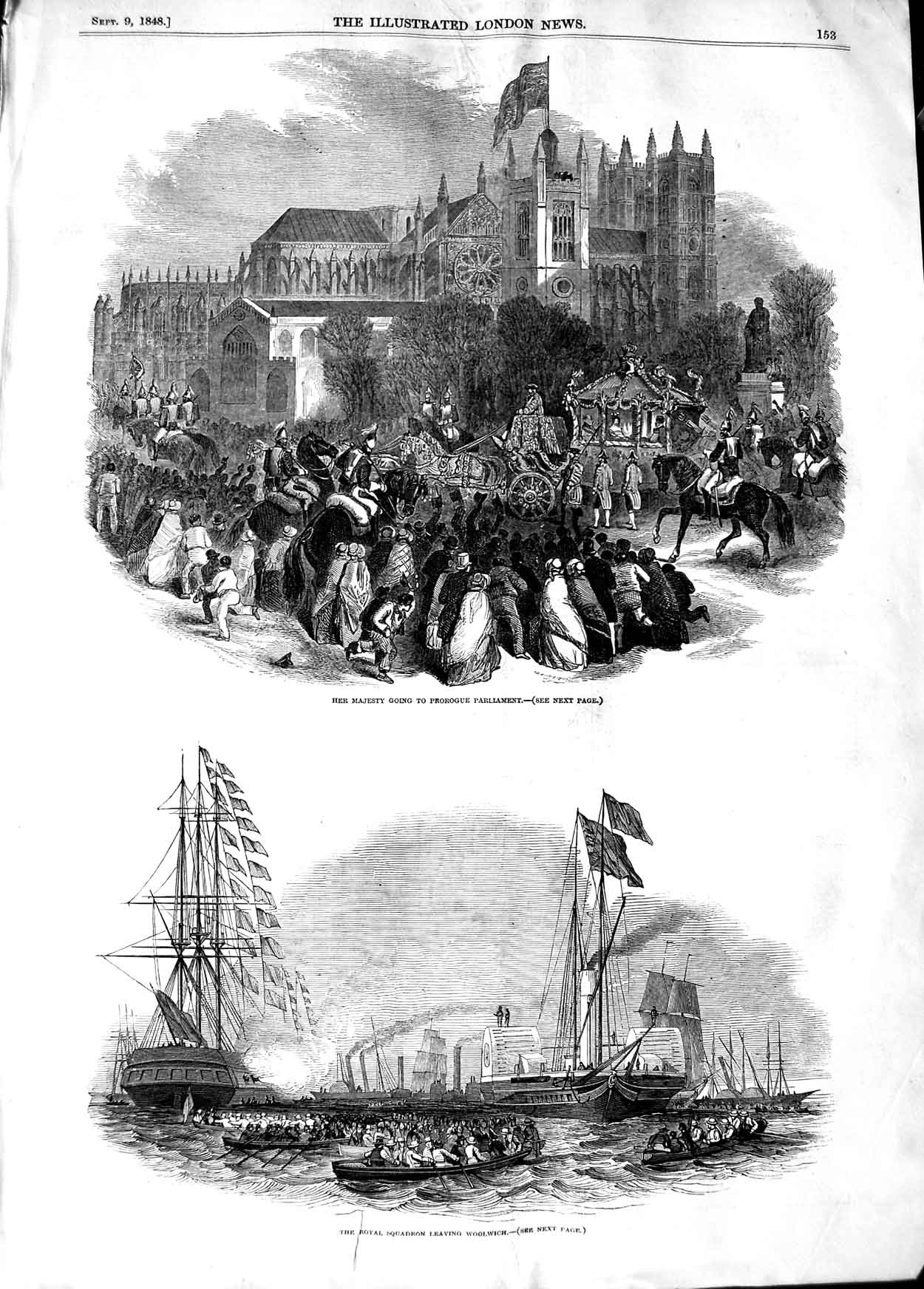 Original Old Antique Print 1848 Queen Prorogue Parliament Woolwich Ships War