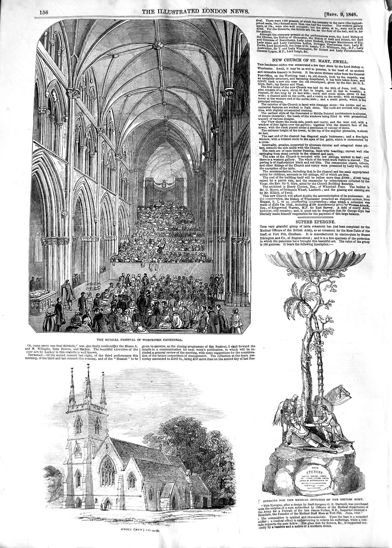 Old Antique Print 1848 Musical Festival Worcester Cathedral Ewell Church 19th