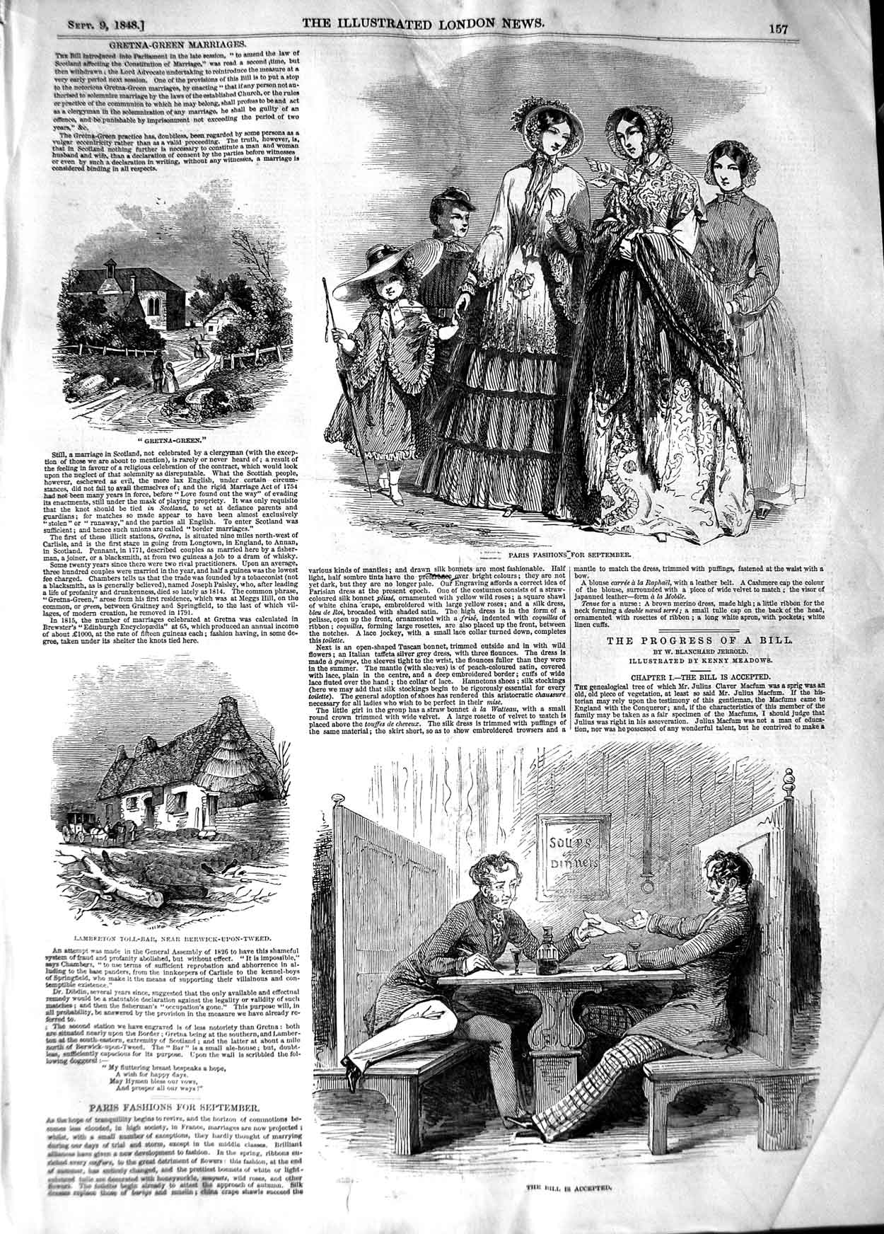 Original Old Antique Print 1848 Paris Fashion Gretna-Green Lamberton Toll-Bar