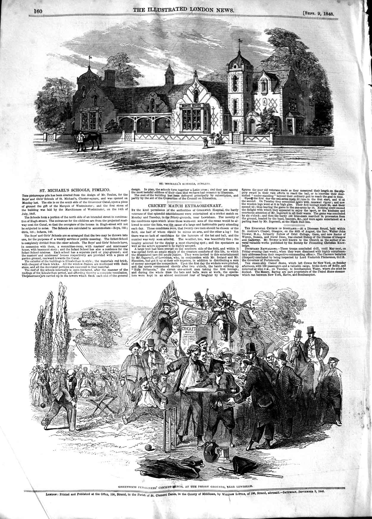 Original Old Antique Print 1848 Michael'S Schools Pimlico Greenwich Cricket 19th