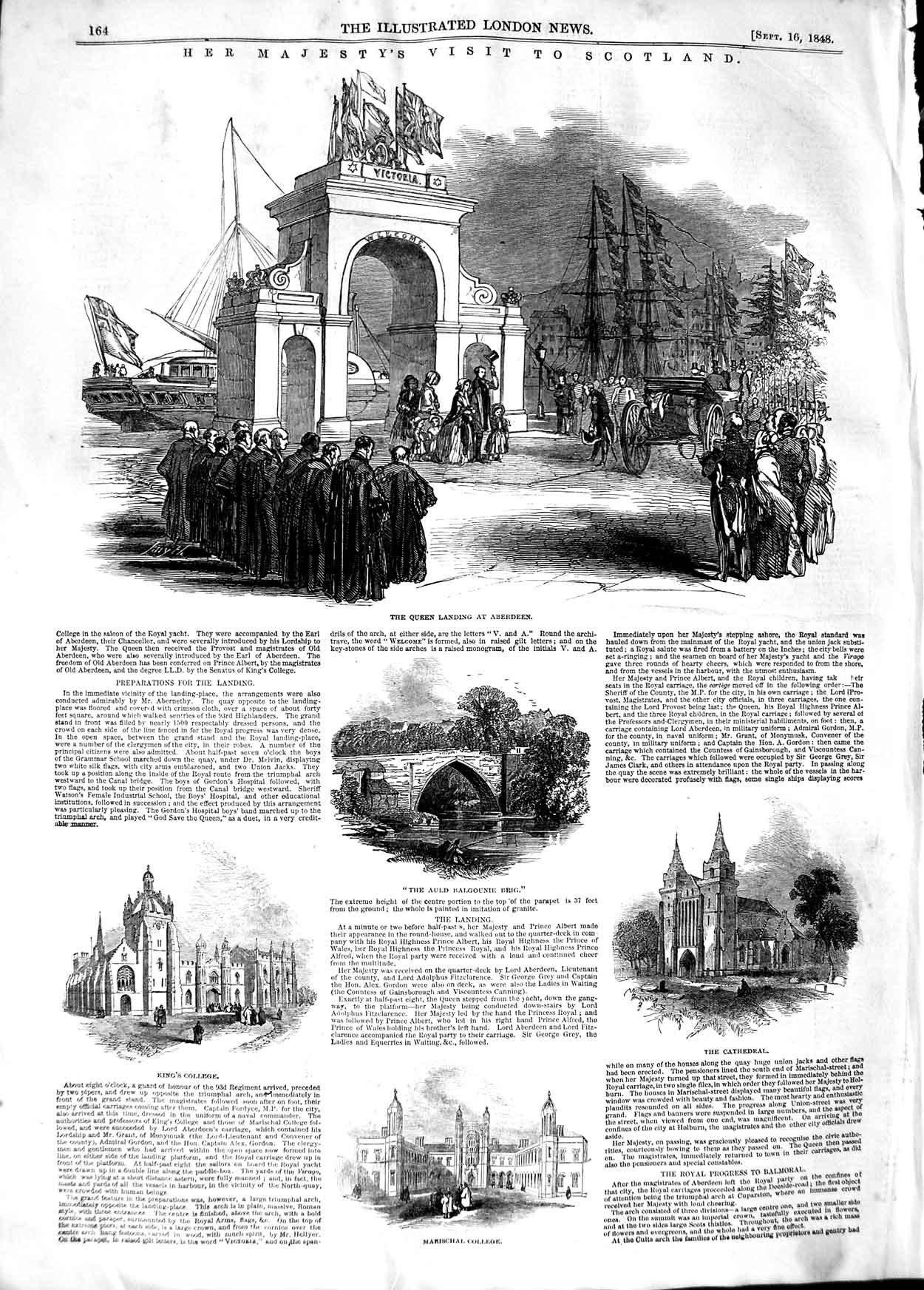 Original Old Antique Print 1848 Queen Scotland Aberdeen Balmoral Crathes Church