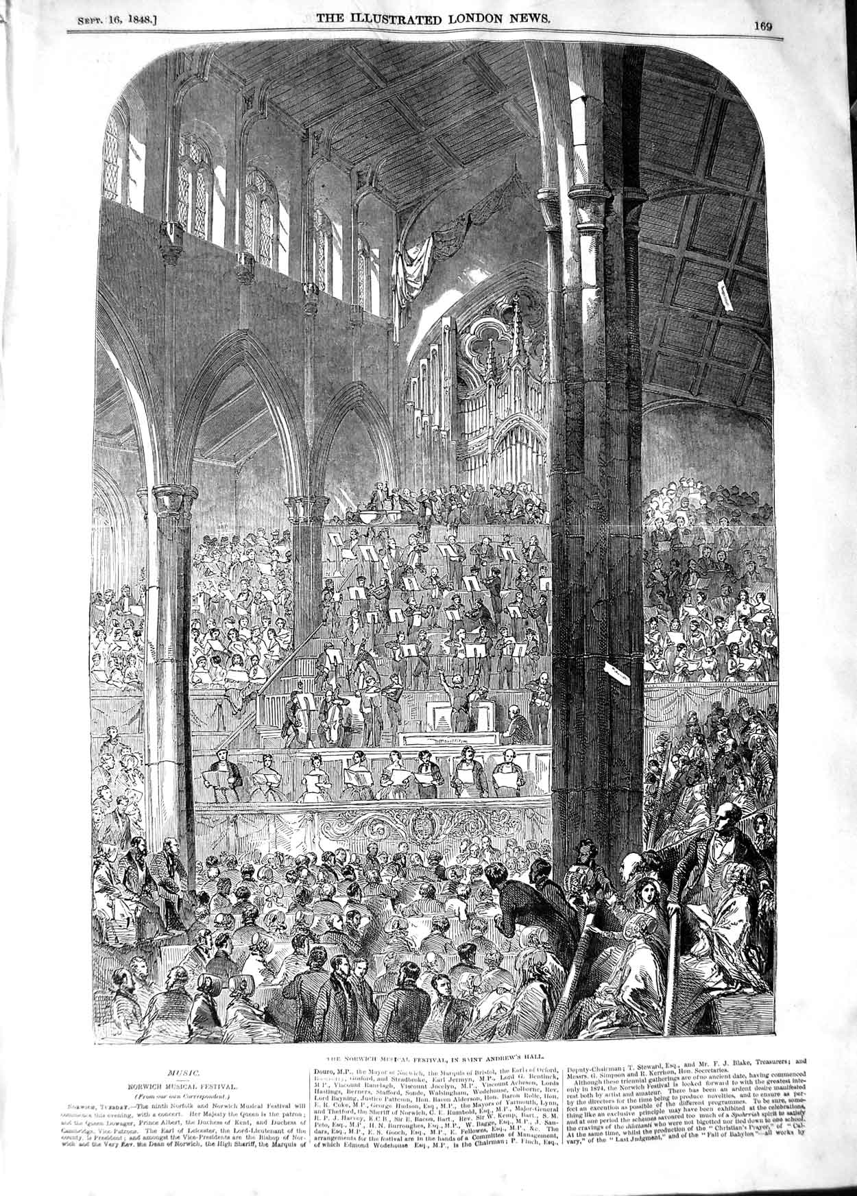 Original Old Antique Print 1848 Norwich Musical Festival Saint Andrew'S Hall