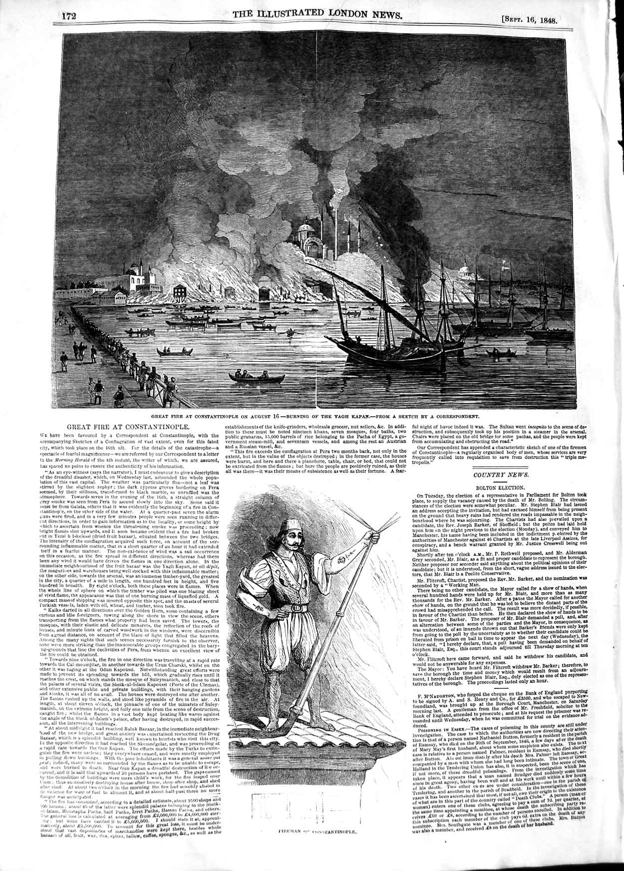 Old Antique Print 1848 Great Fire Constantinople Yagh Kapan Ship Fireman 19th