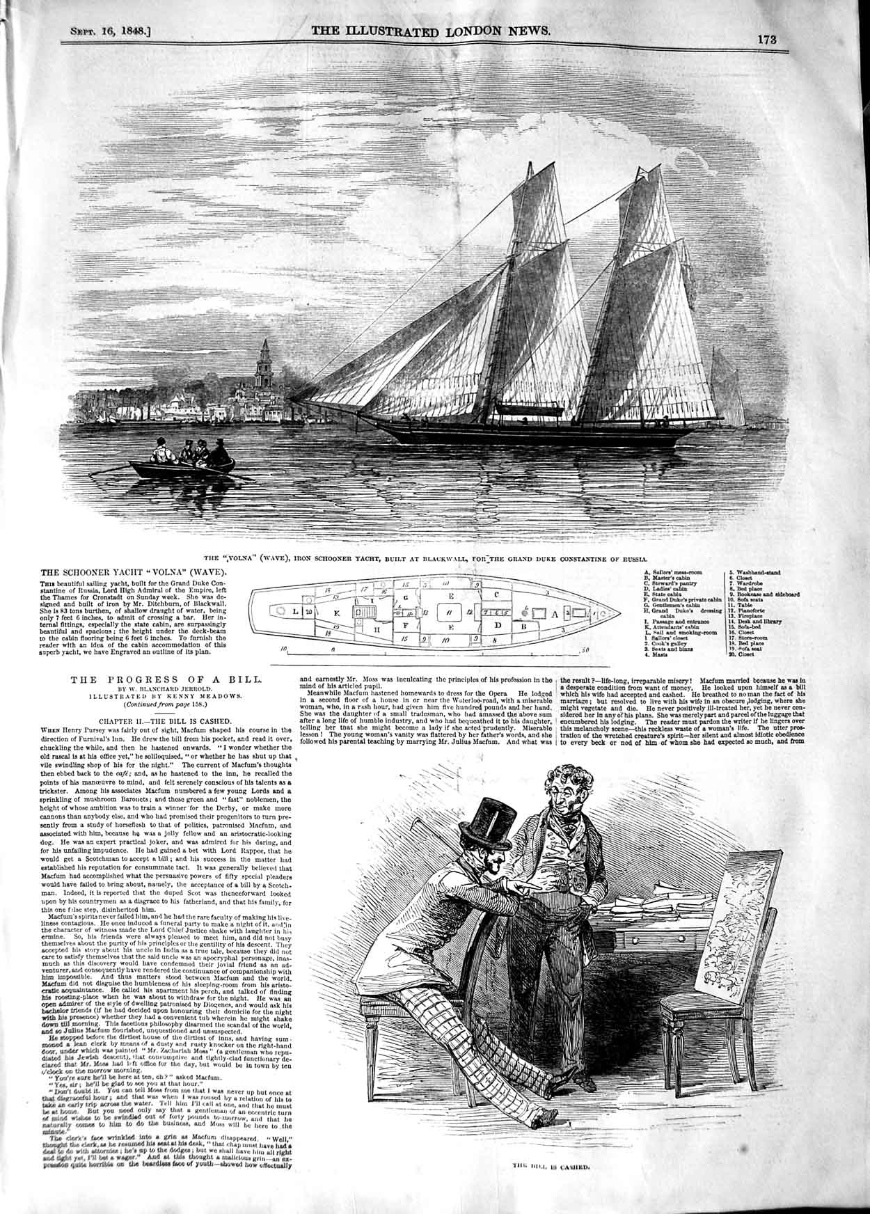 Original Old Antique Print 1848 Schooner Yacht Volna Blackwall Duke Russia Ship