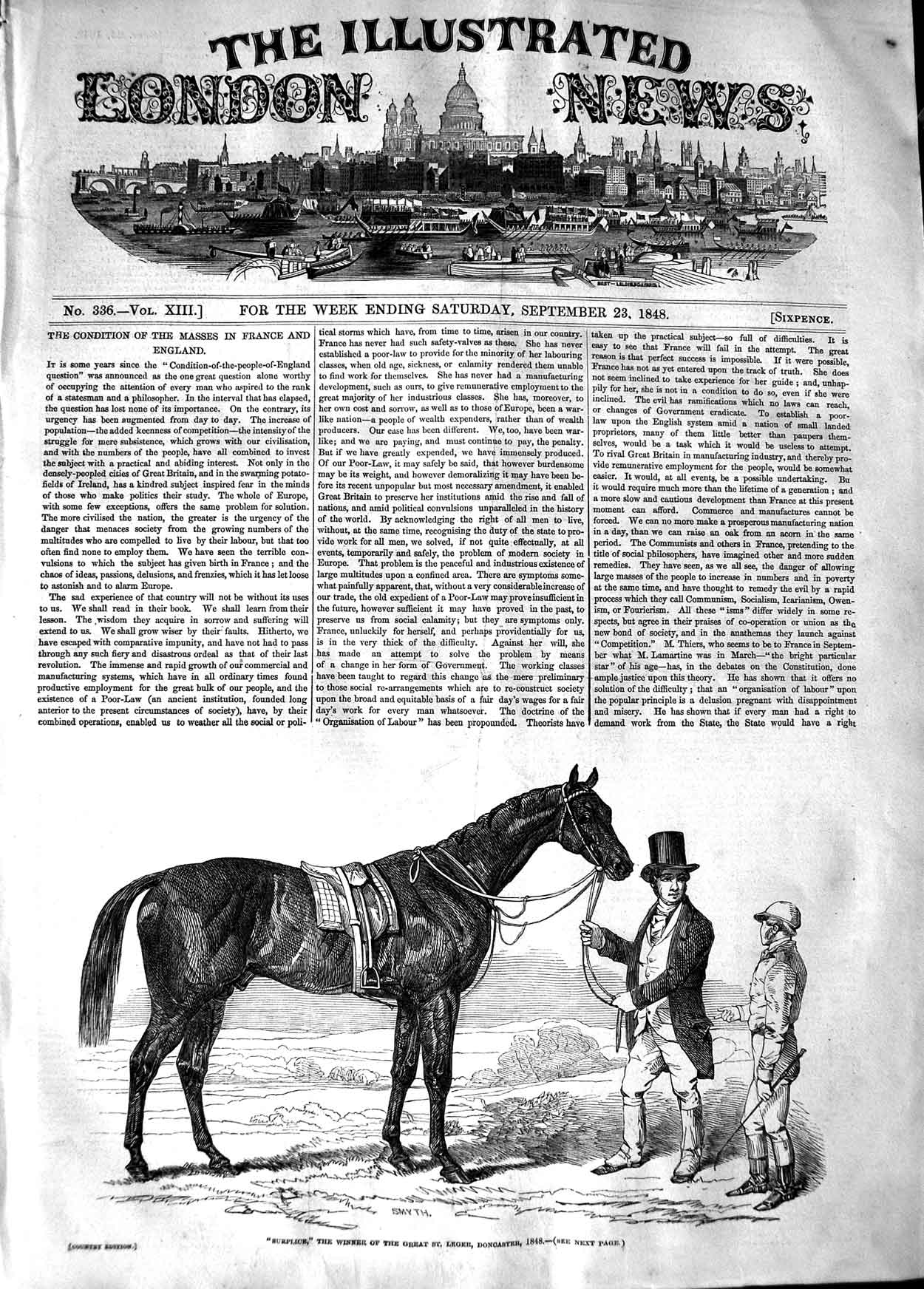 Original Old Antique Print 1848 Horse Surplice Winner Great St. Leger Doncaster