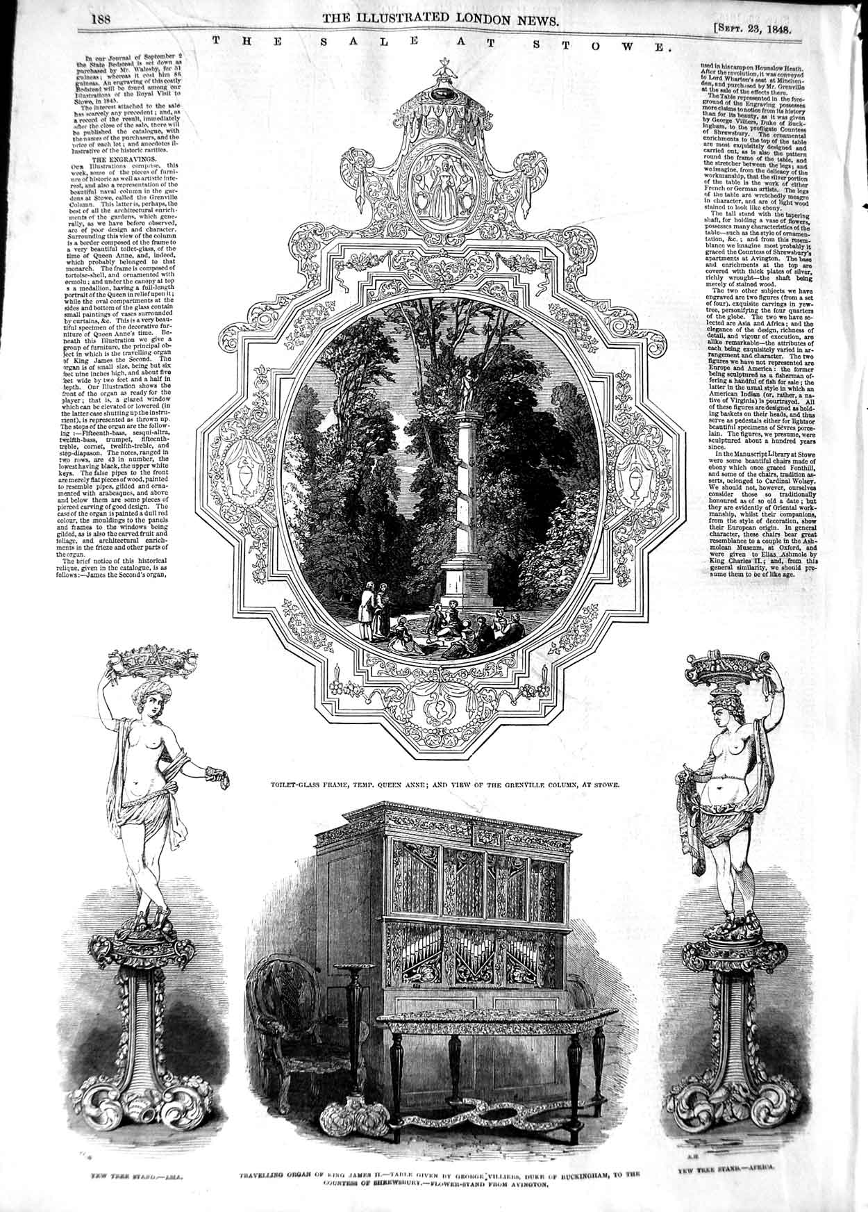 Original Old Antique Print 1848 S Stowe Toilet-Glass Frame Organ Villiers 19th
