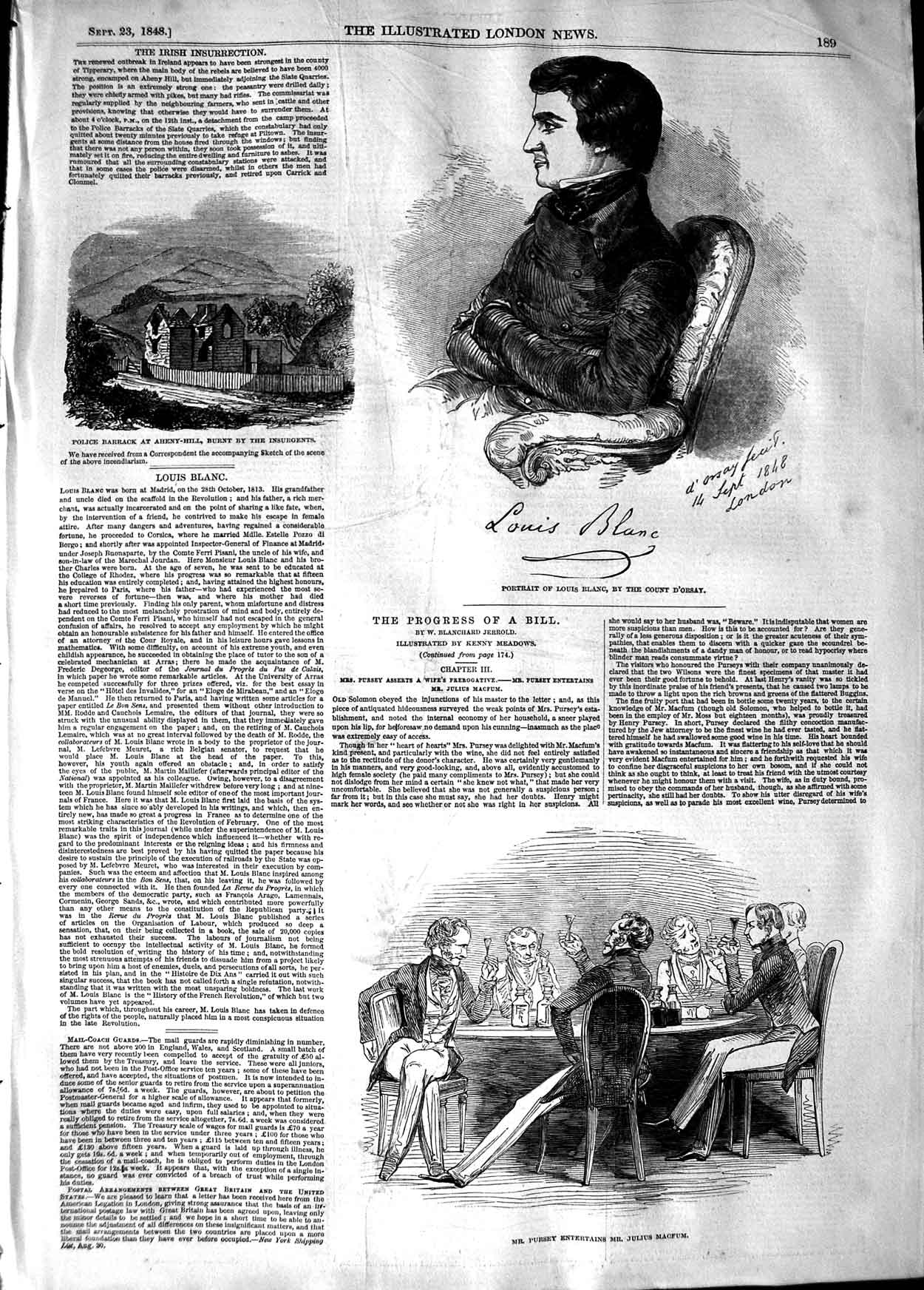 Old Antique Print 1848 Portrait Louis Blanc Police Barracks Pursey Macfum 19th