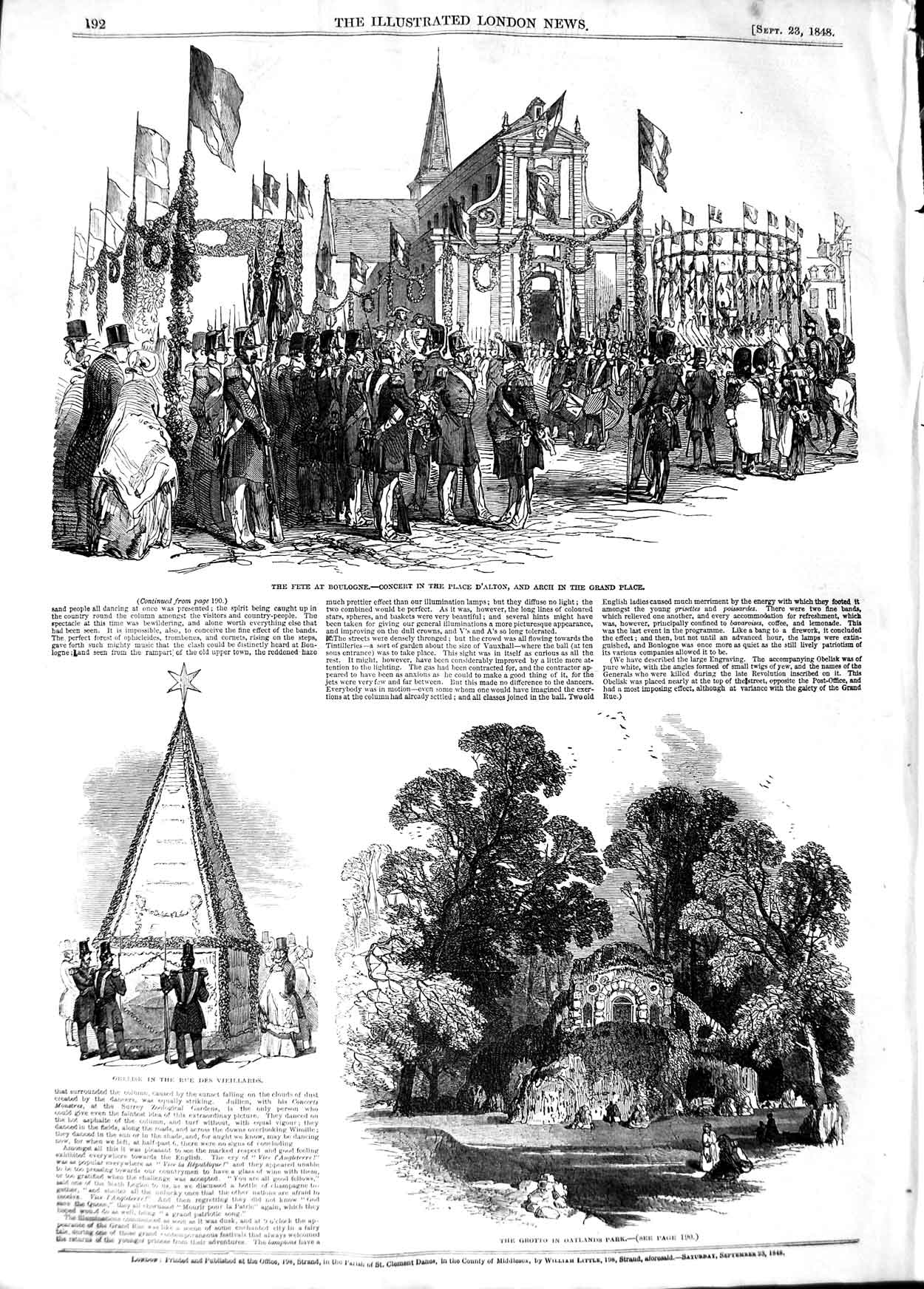 Original Old Antique Print 1848 Fete Boulogne D'Alton Obelsik Grotto Oatlands