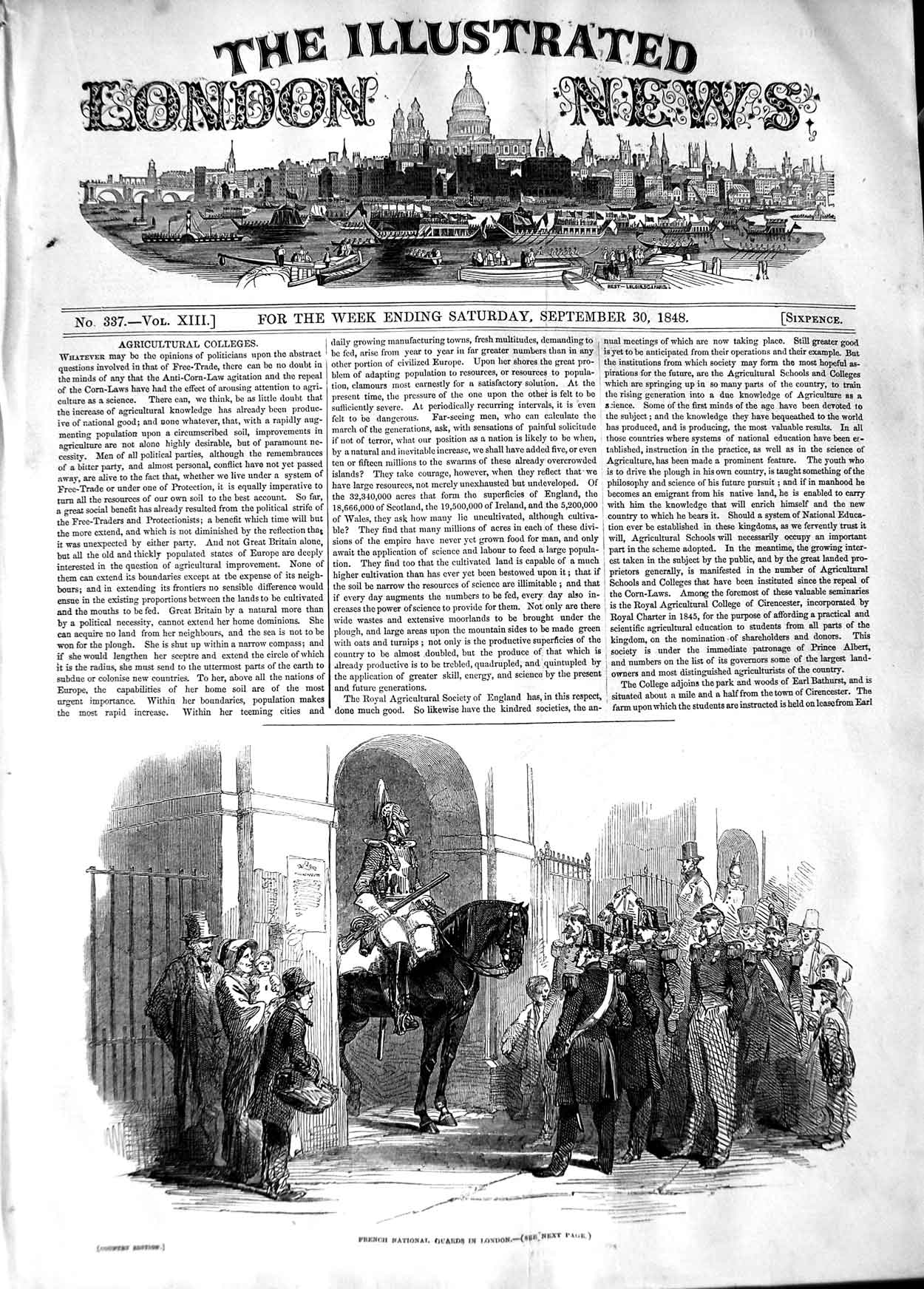 Original Old Antique Print 1848 French National Guards London England Victorian
