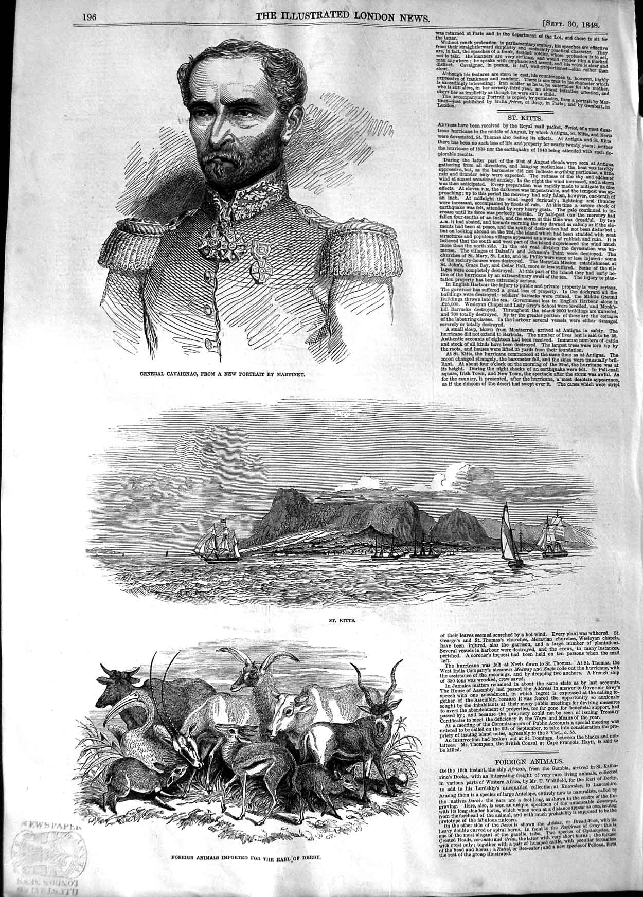Original Old Antique Print 1848 General Cavaignac St. Kitts Animals Ear 19th