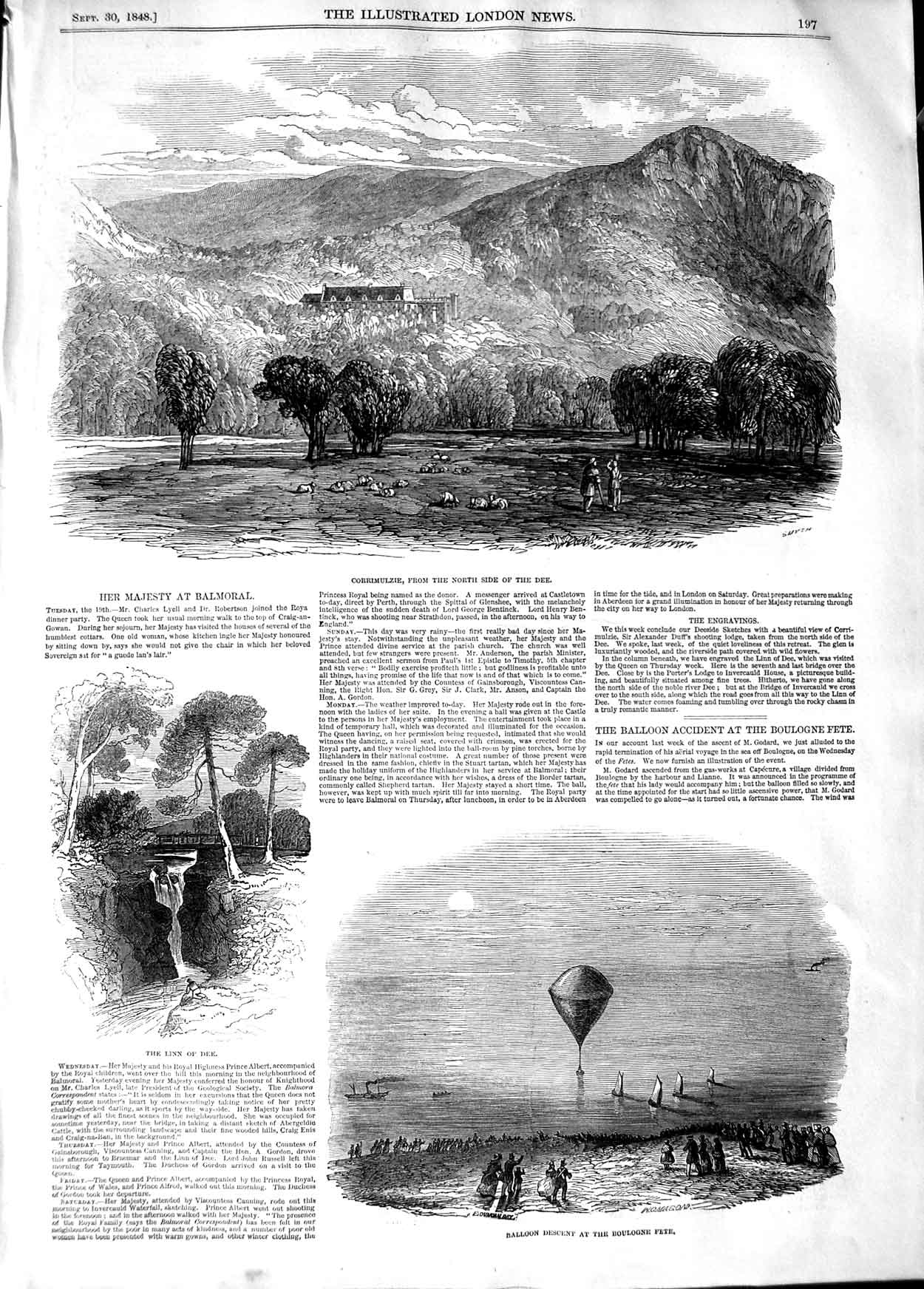 Old Antique Print 1848 Corrimulzie Balmoral Queen River Linn Dee Balloon 19th