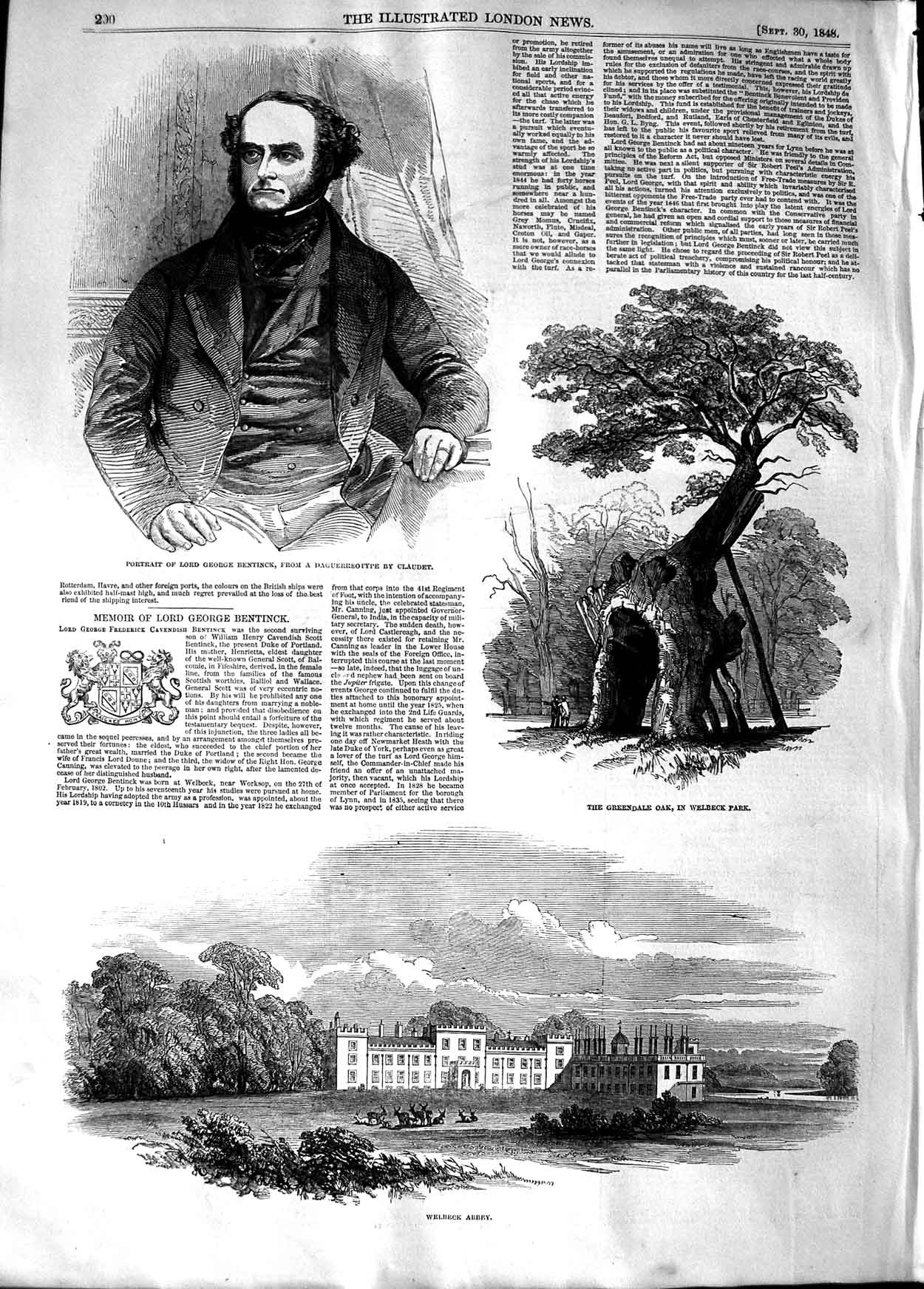 Original Old Antique Print 1848 Lord George Bentinck Greendale Tree Welbec 19th