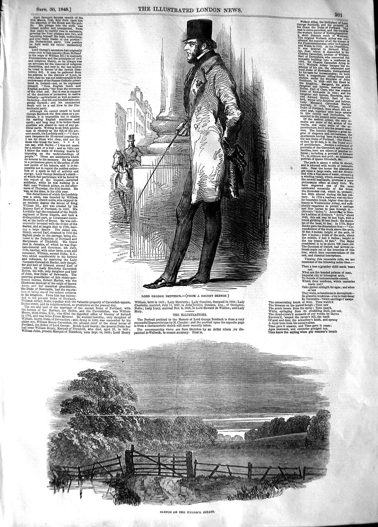 Original Old Antique Print 1848 Lord George Bentinck Welbeck Estate Trees 19th