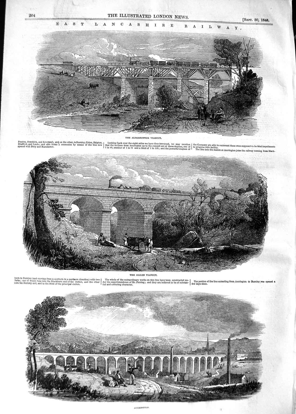 Original Old Antique Print 1848 Lancashire Railway Alderbottom Viaduct Acc 19th
