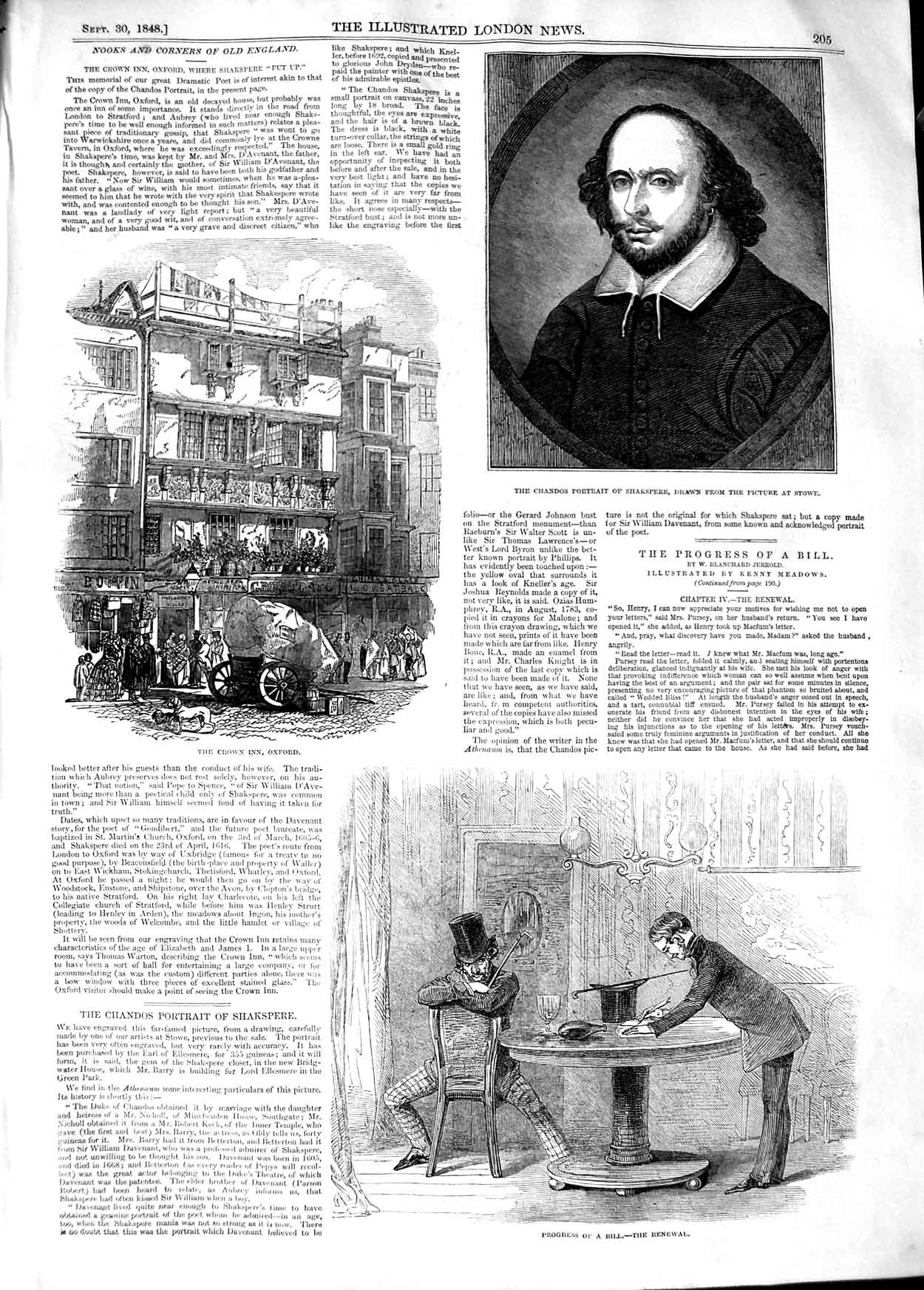 Old Antique Print 1848 Crown Inn Oxford Chandos Portrait Shakespere Stowe 19th
