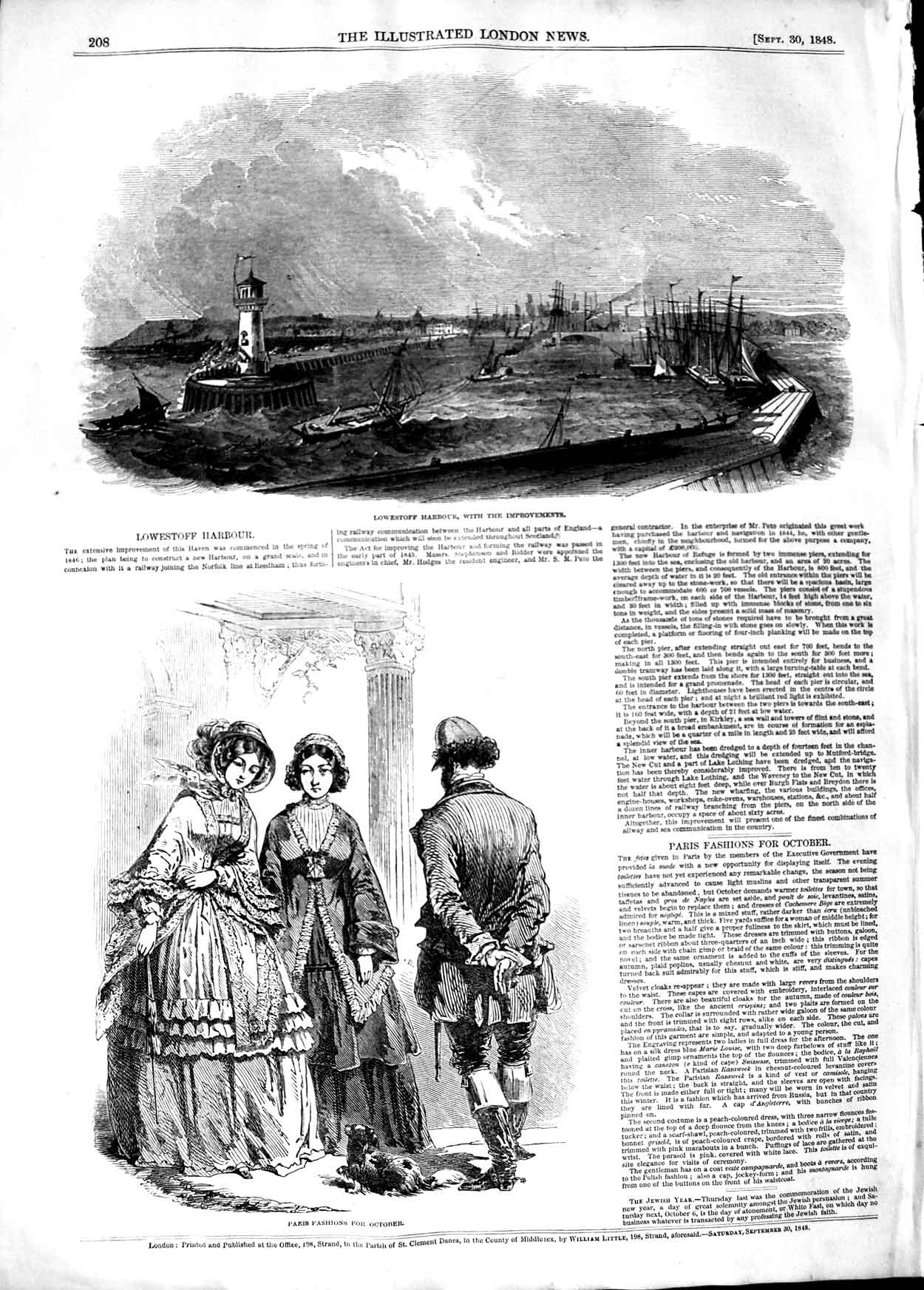 Original Old Antique Print 1848 Lowestoff Harbour Ships Paris Ladies Fashion