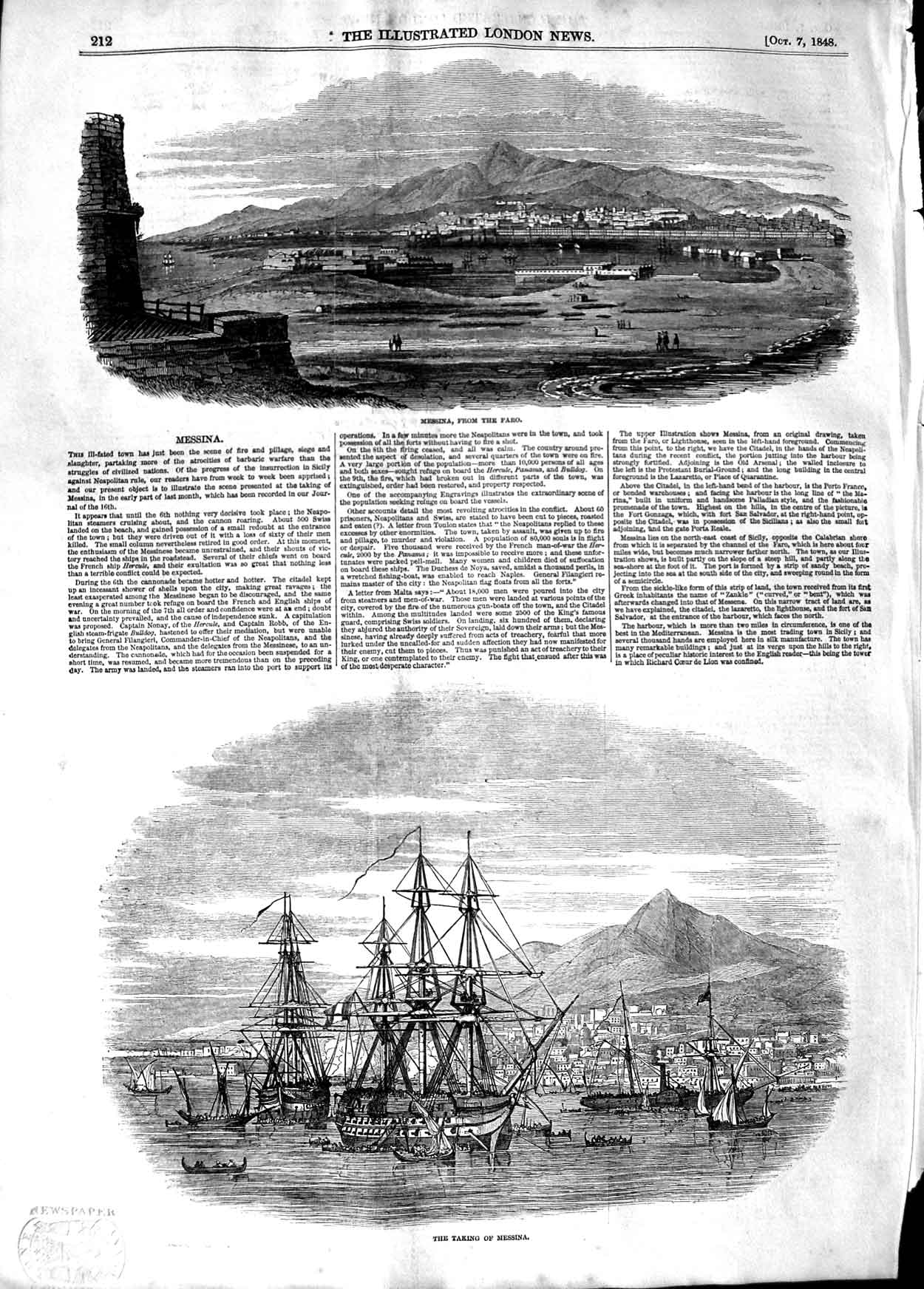 Original Old Antique Print 1848 View Messina Faro War Ships Mo 19th