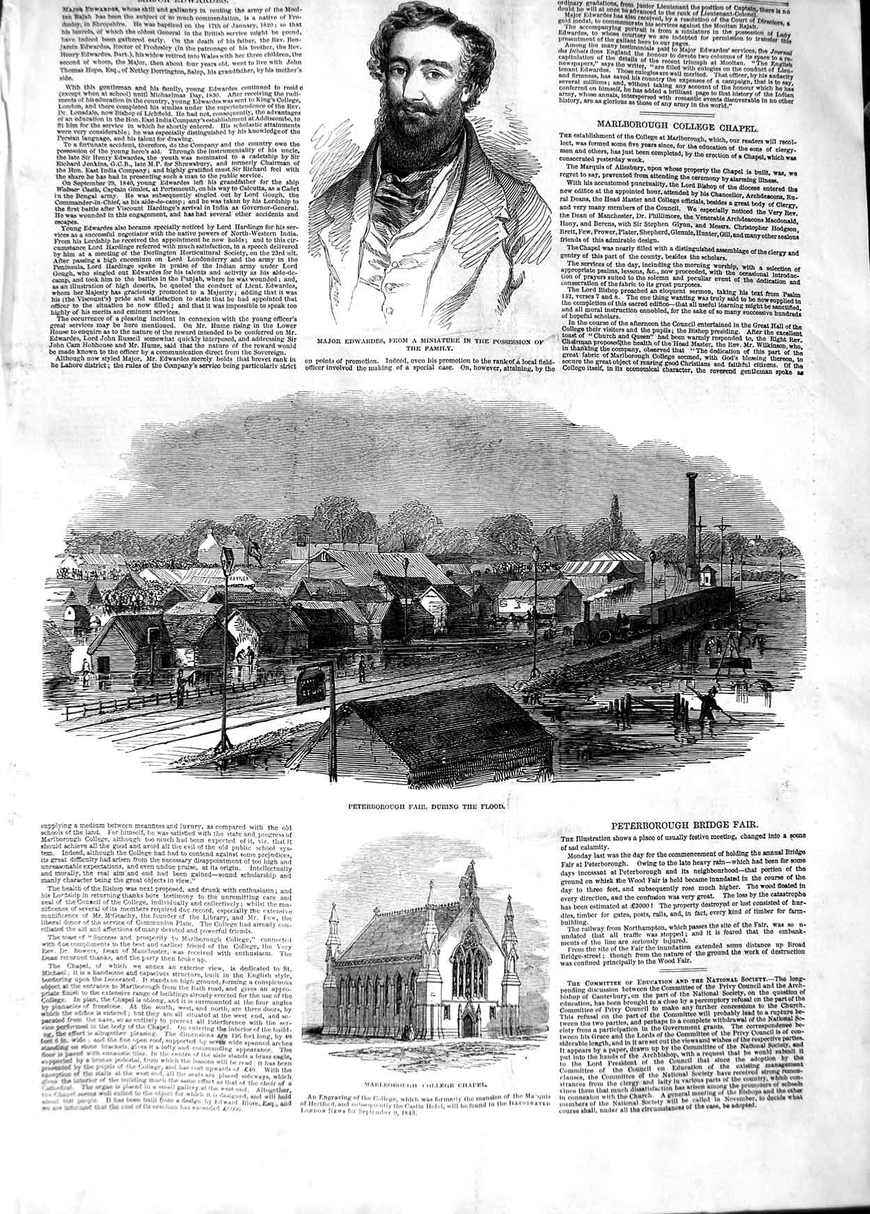 Original Old Antique Print 1848 Major Edwards Peterborough Floods Marlborough