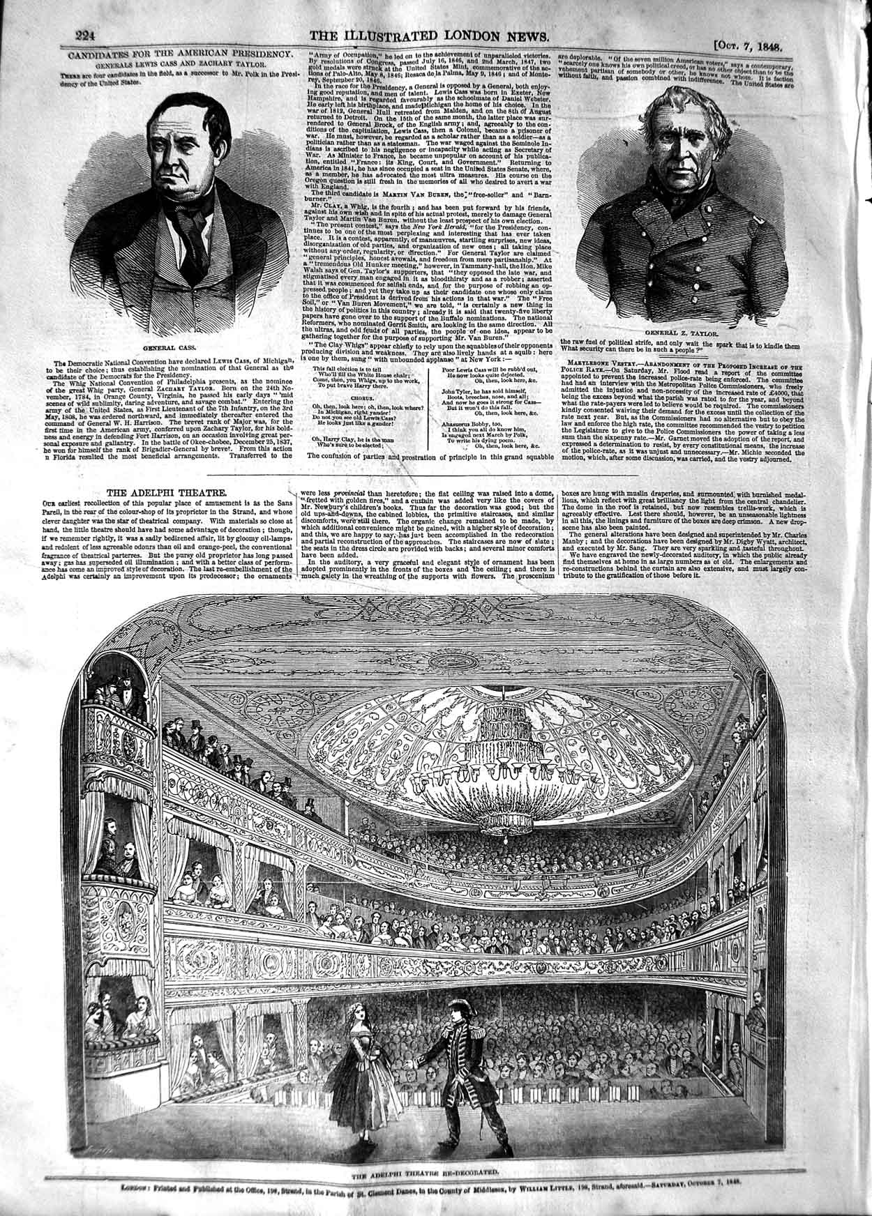 Original Old Antique Print 1848 Adelphi Theatre General Lewis Cass Zachary 19th