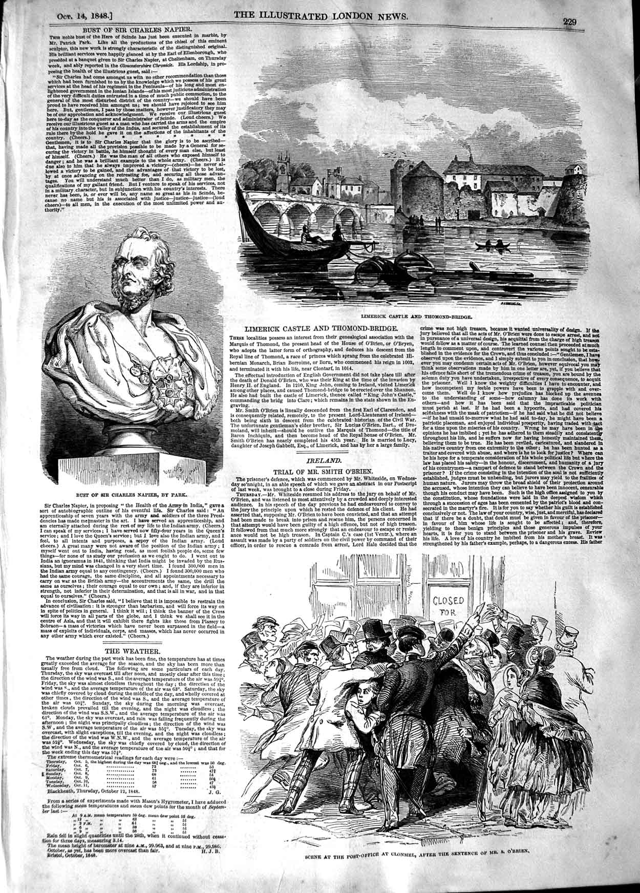 Original Old Antique Print 1848 Limerick Castle Charles Napier Post-Office 19th
