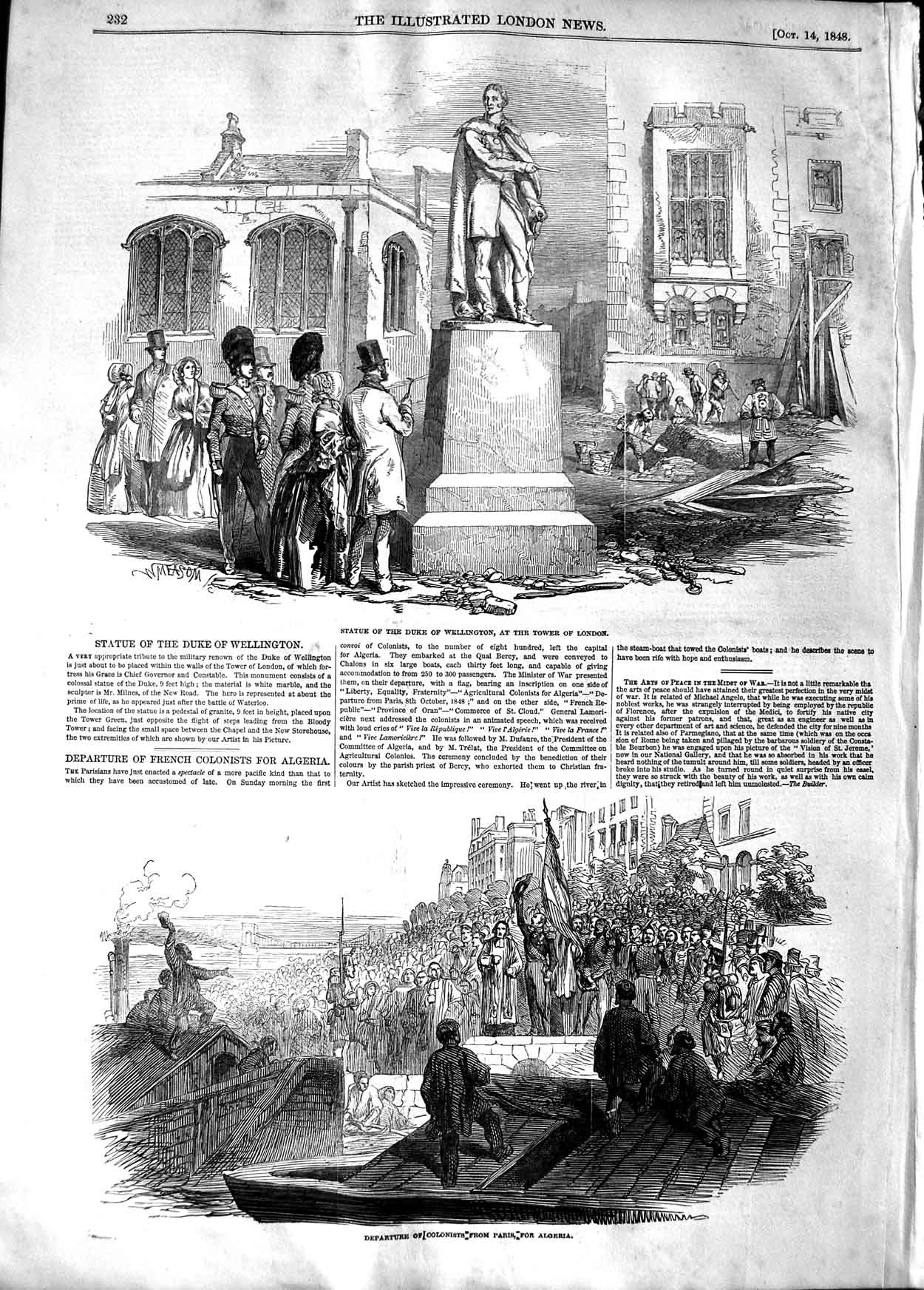 Original Old Antique Print 1848 Statue Duke Wellington Tower London Paris Boats