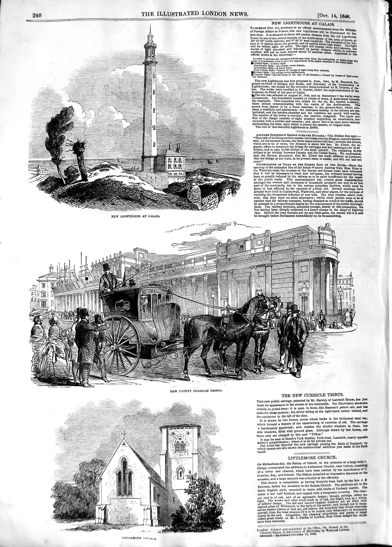 Old Antique Print 1848 Lighthouse Calais Patent Tribus Litllemore Church 19th