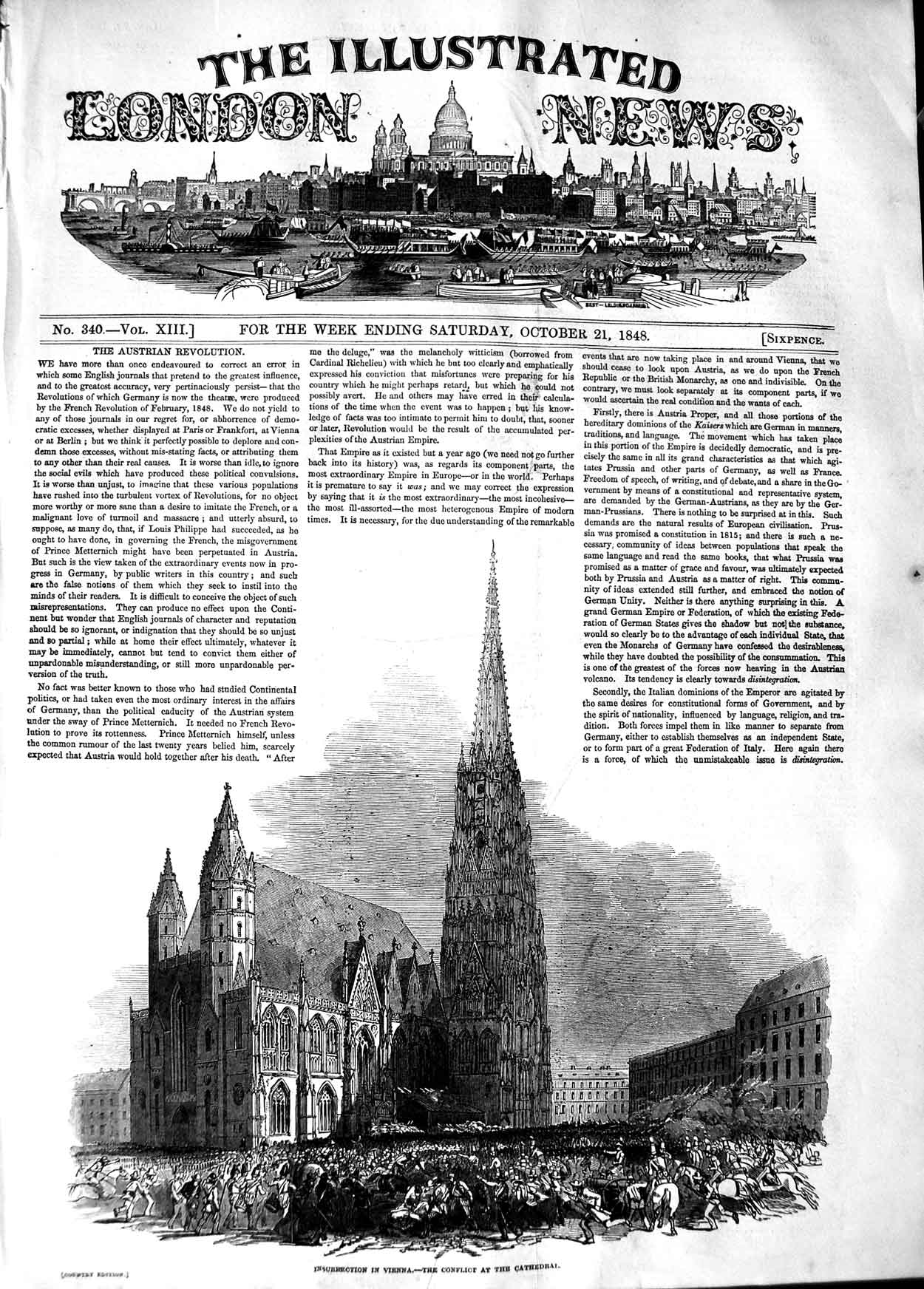 Original Old Antique Print 1848 Insurrection Vienna Conflict Cathedral Battle