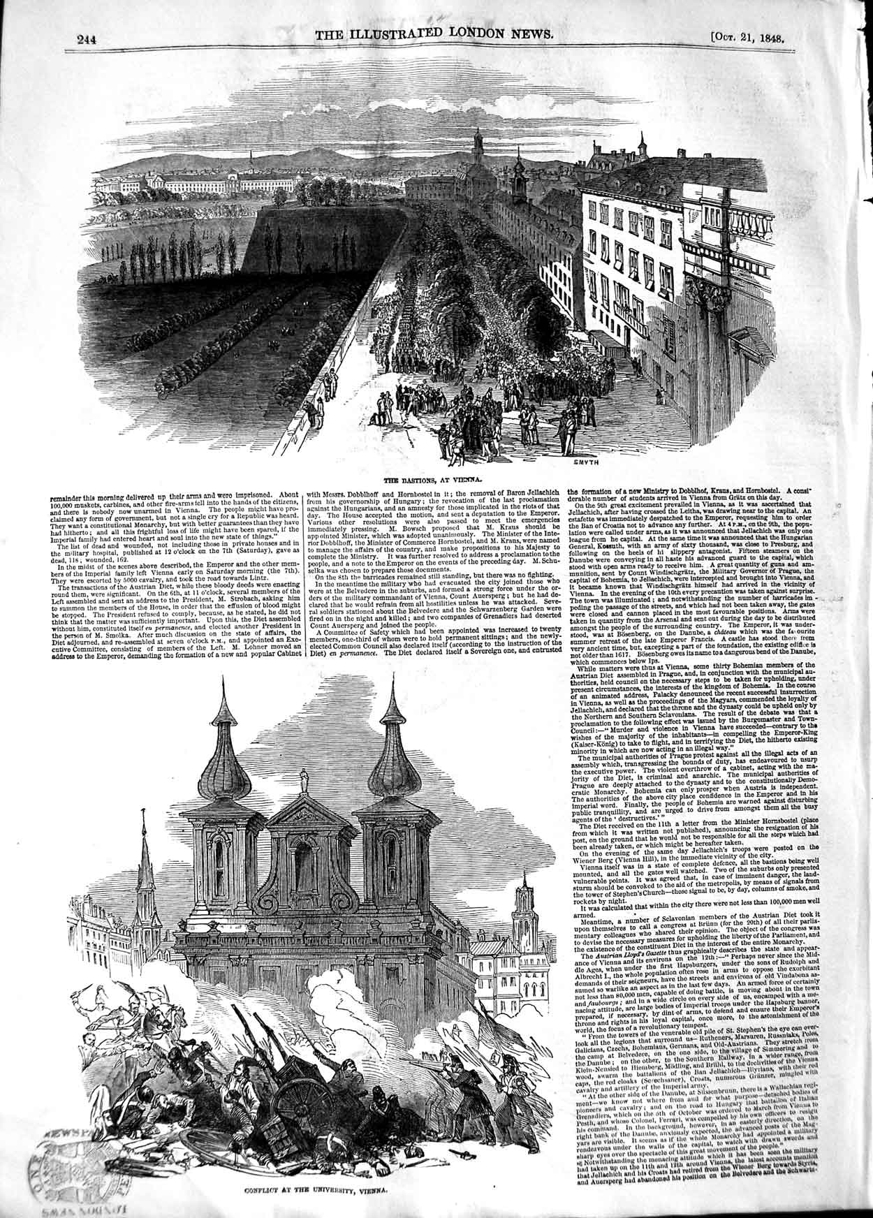 Old Antique Print 1848 Bastions Vienna Conflict University Battle Weapons 19th