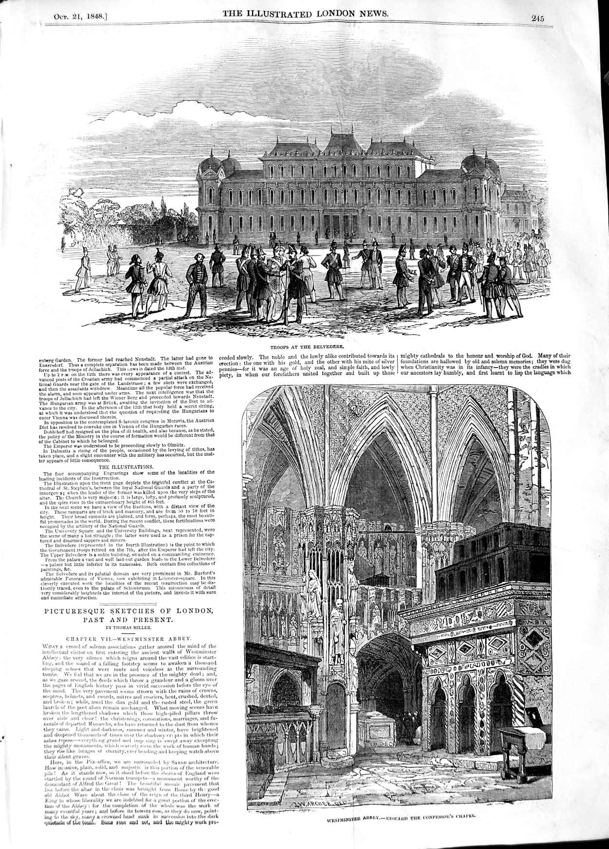 Original Old Antique Print 1848 Siers Troops Belvedere Westminster Abbey Edward
