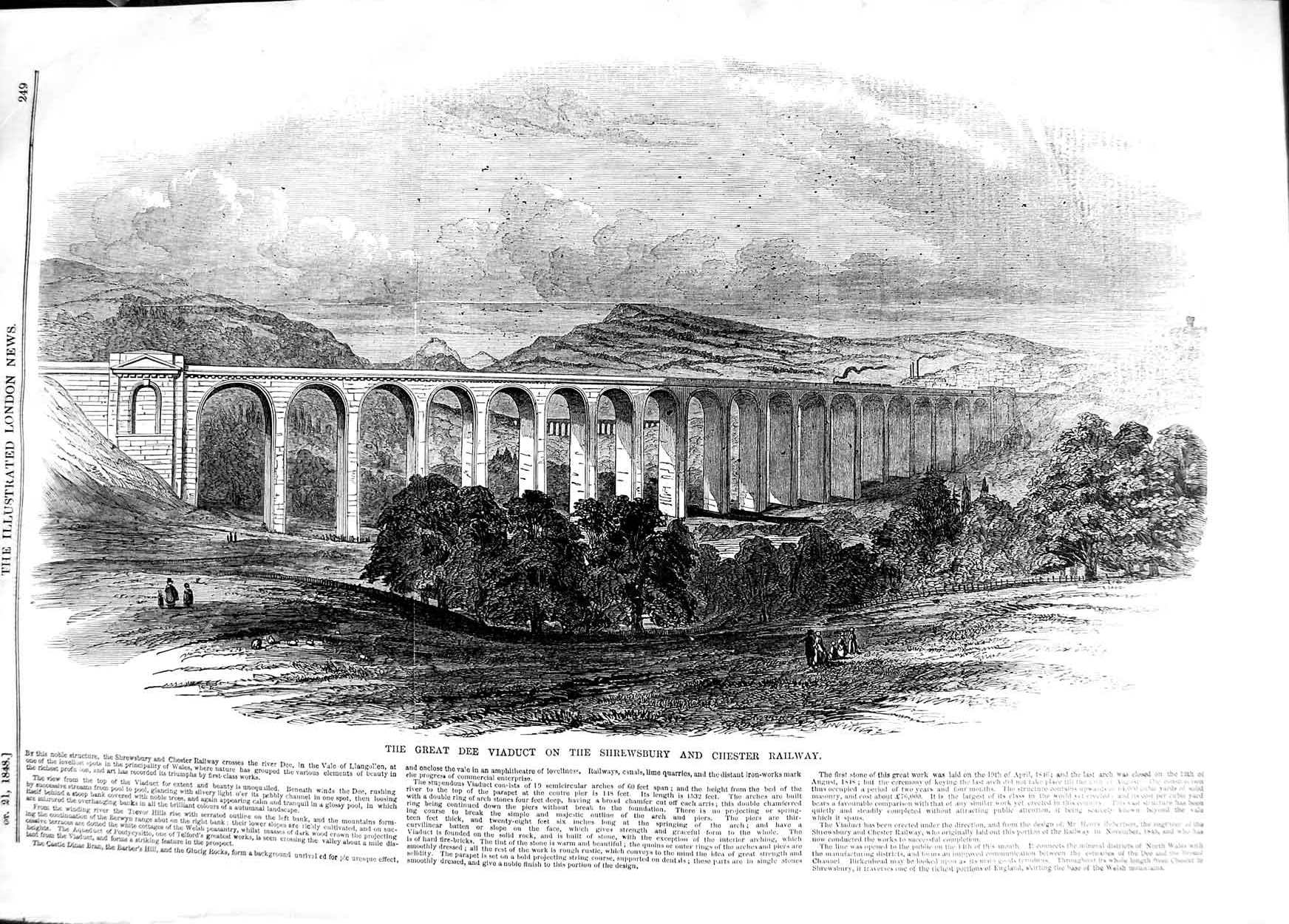 Old Antique Print 1848 Great Dee Viaduct Shrewsbury Chester Railway Train 19th