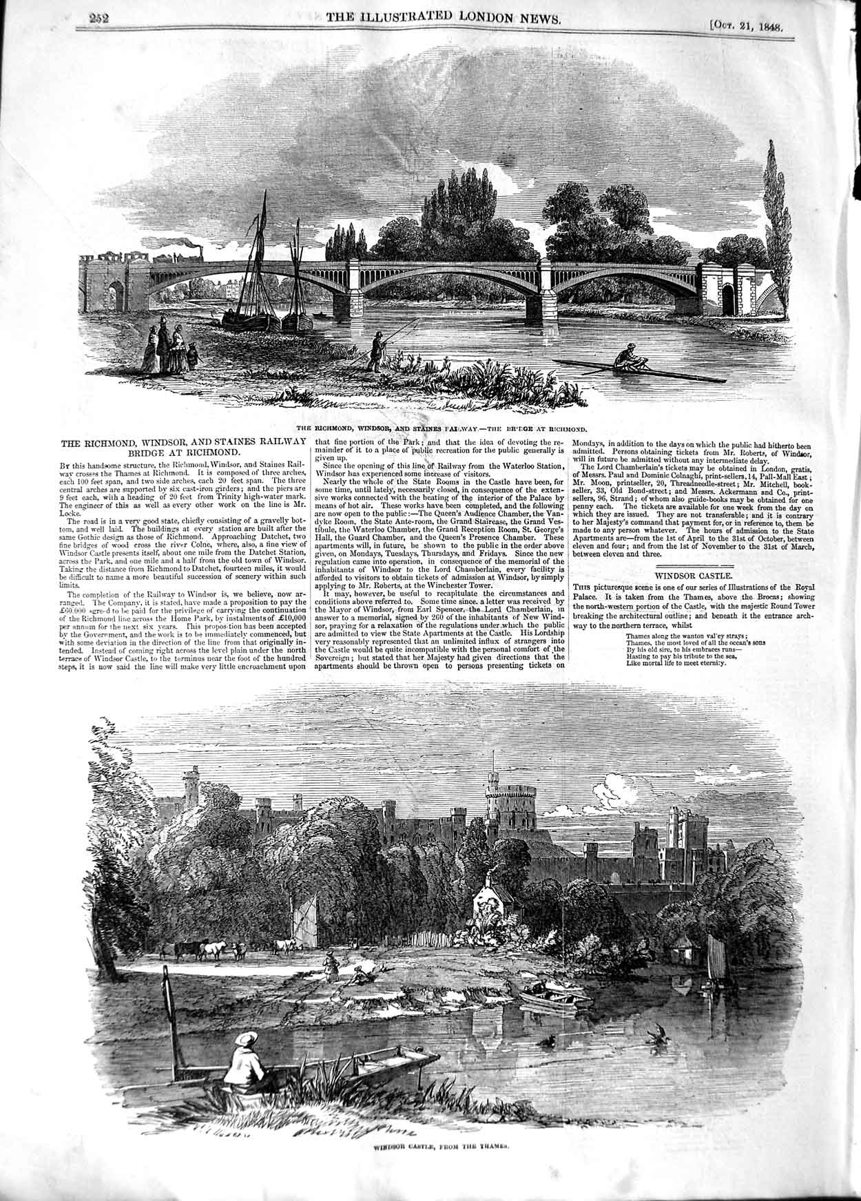 Original Old Antique Print 1848 Richmond Windsor Castle Staines Railway Thames