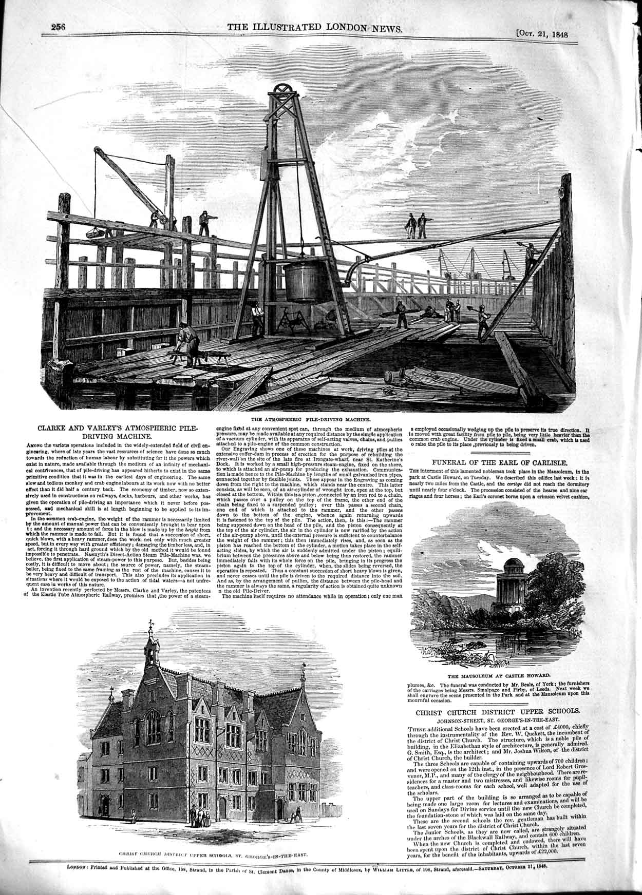 Original Old Antique Print 1848 Clarke Atmospheric Pile-Driving Machine 19th