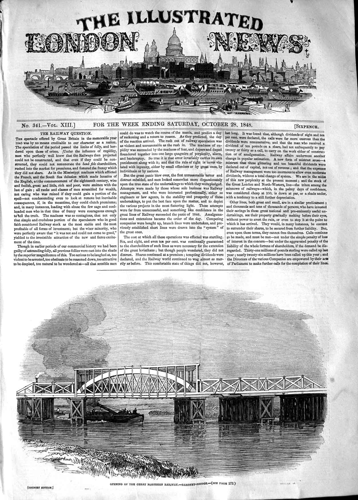 Original Old Antique Print 1848 Great Northern Railway Bardney Bridg Victorian