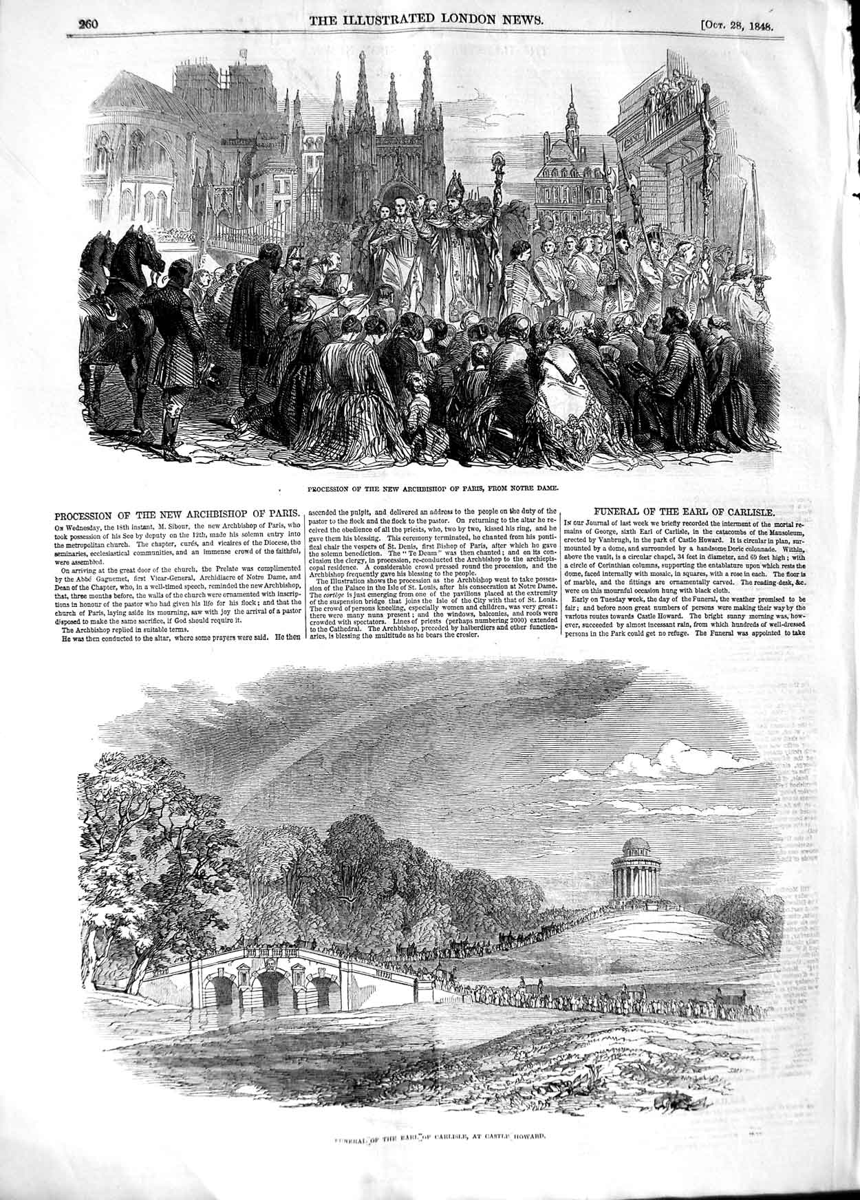 Old Antique Print 1848 Archbishop Paris Notre Dame Funeral Castle Howard 19th