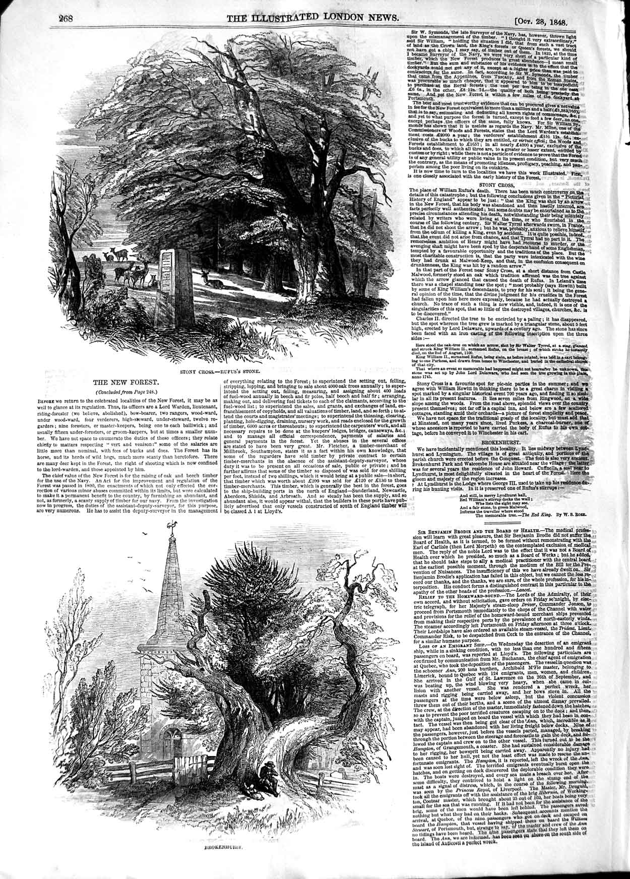 Original Old Antique Print 1848 New Forest Stony Cross Rufus Stone Brokenhurst