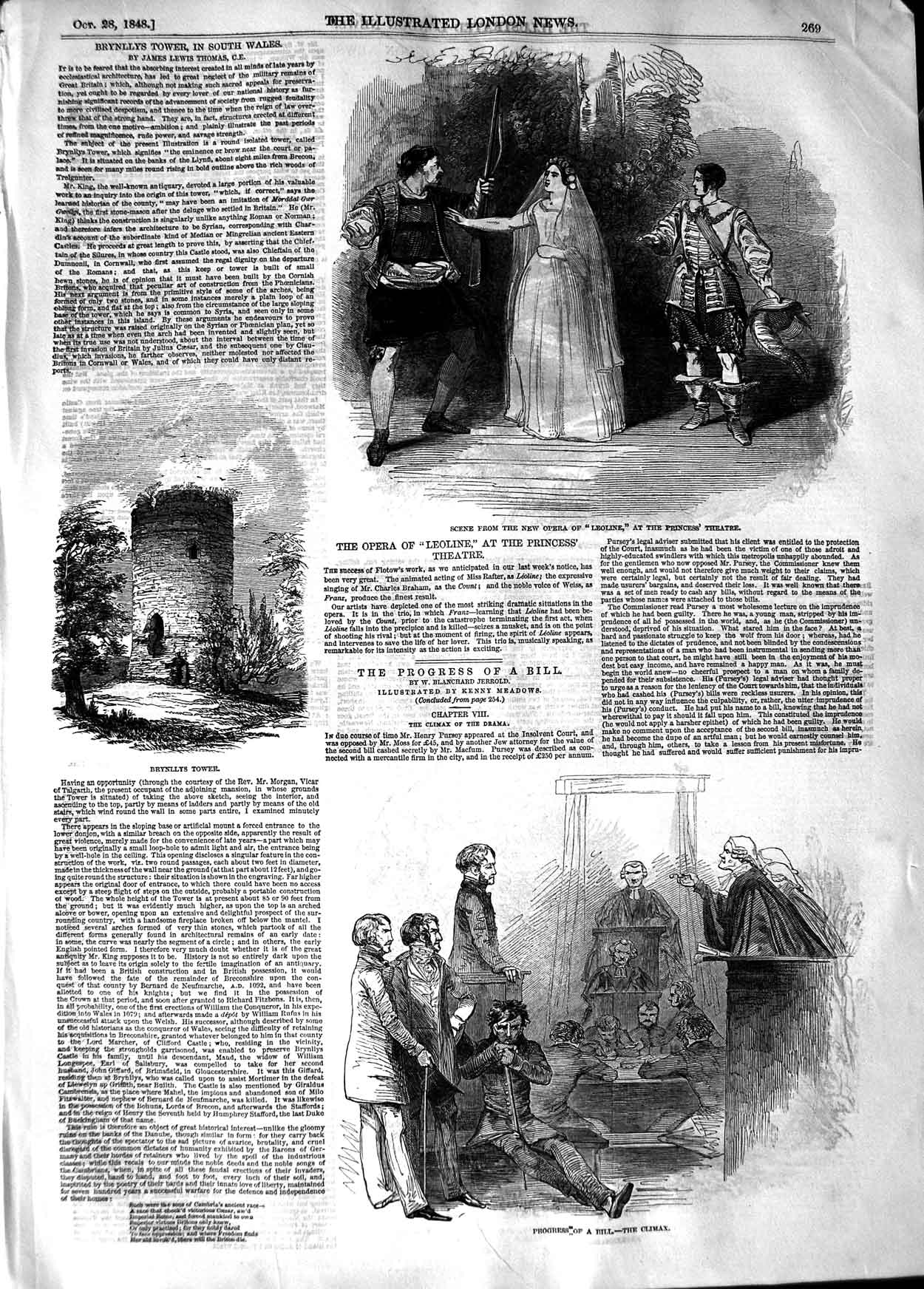 Original Old Antique Print 1848 Opera Leoline Princess Theatre Brynllys Tower